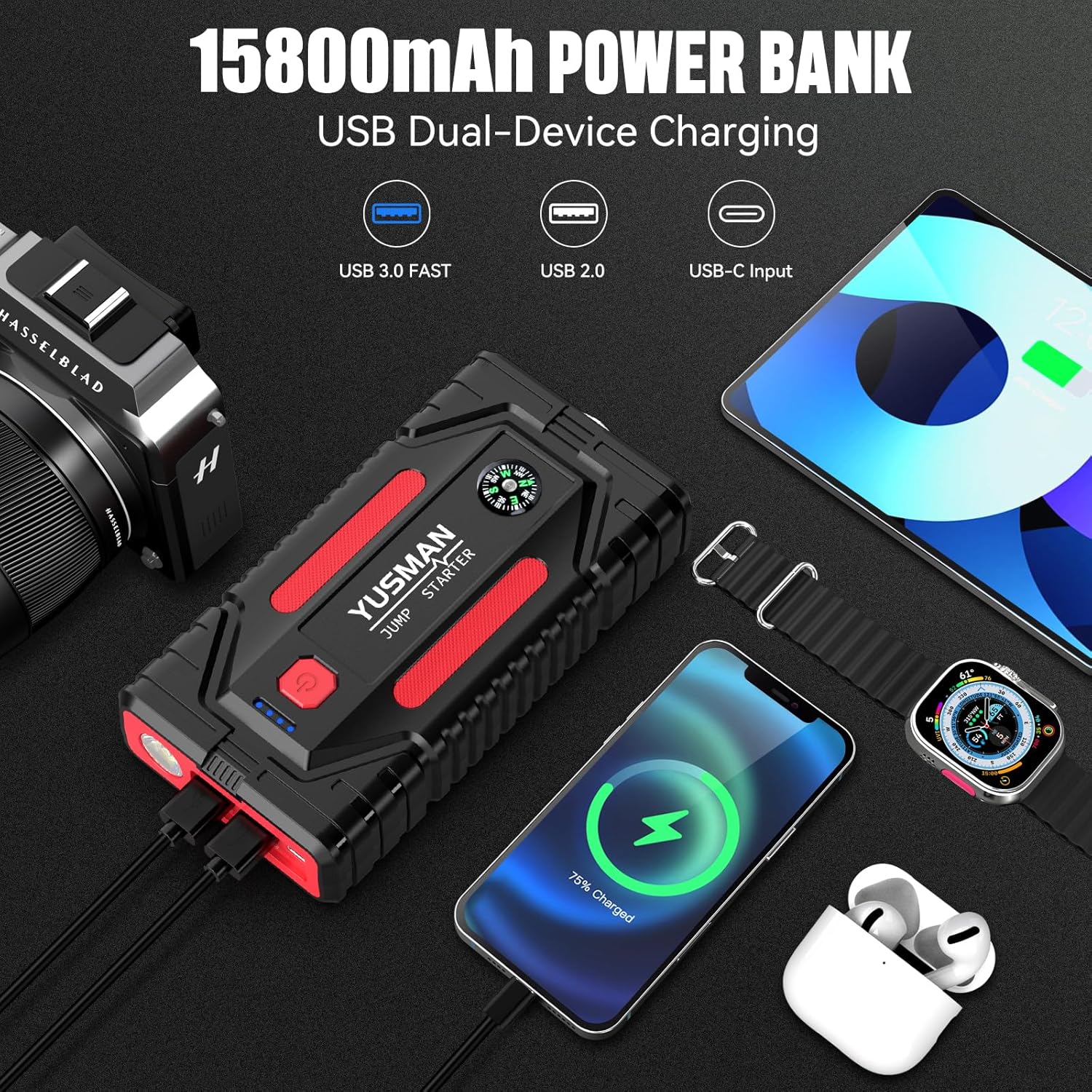 Jump Starter, 7000A Car Jump Starter, 12V Battery Jump Starter Pack, Portable Charger and Jumper Cables for All Gasoline and 10L Diesel Engines, Dual USB Quick Charge 3.0 and LED Bright Light
