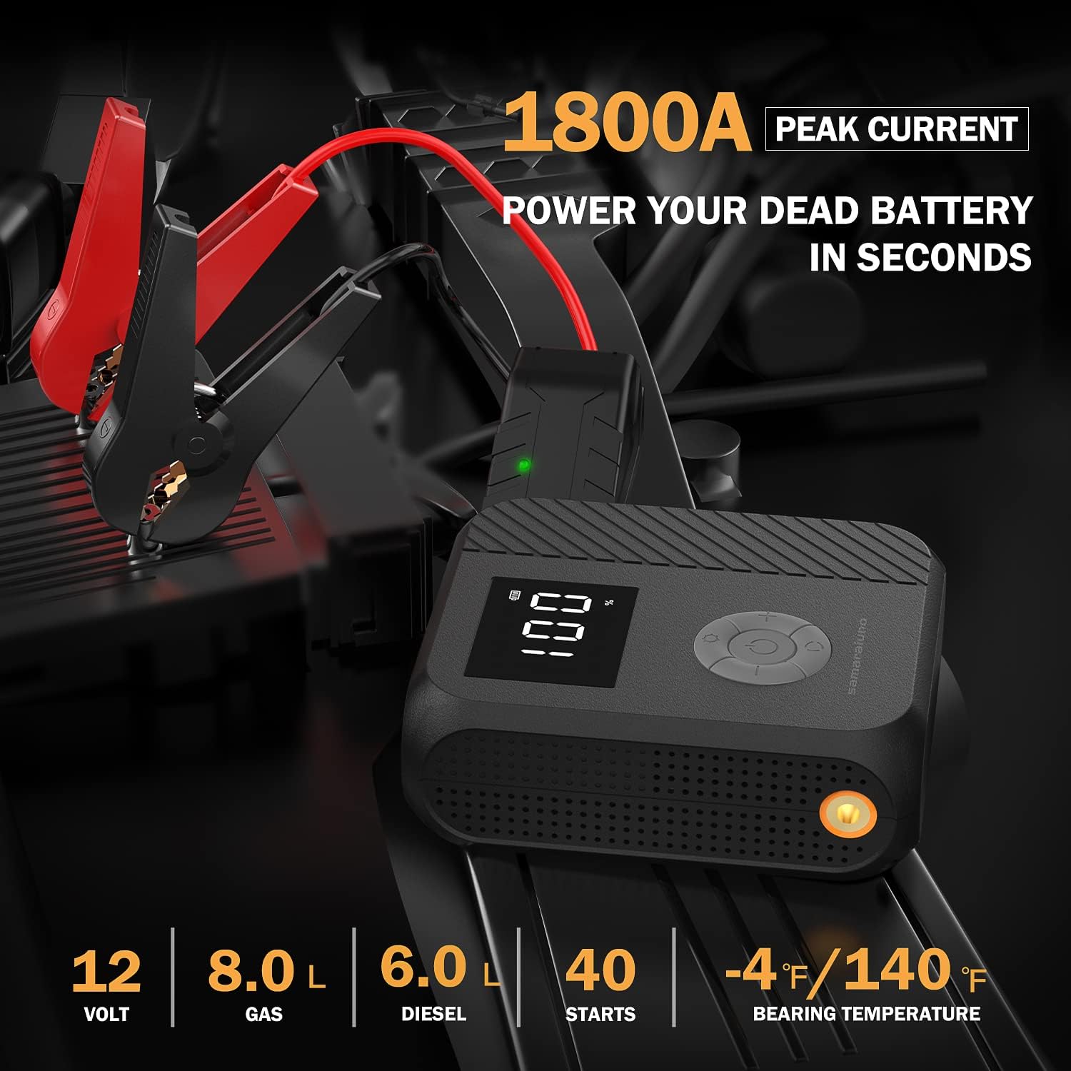 Jump Starter with Air Compressor, 1800A Car Battery Starter with 150PSI Digital Tire Inflator, 14800mAh 12V Portable Lithium Auto Battery Booster for 8.0L Gas or 6.0L Diesel Engines with USB QC3.0