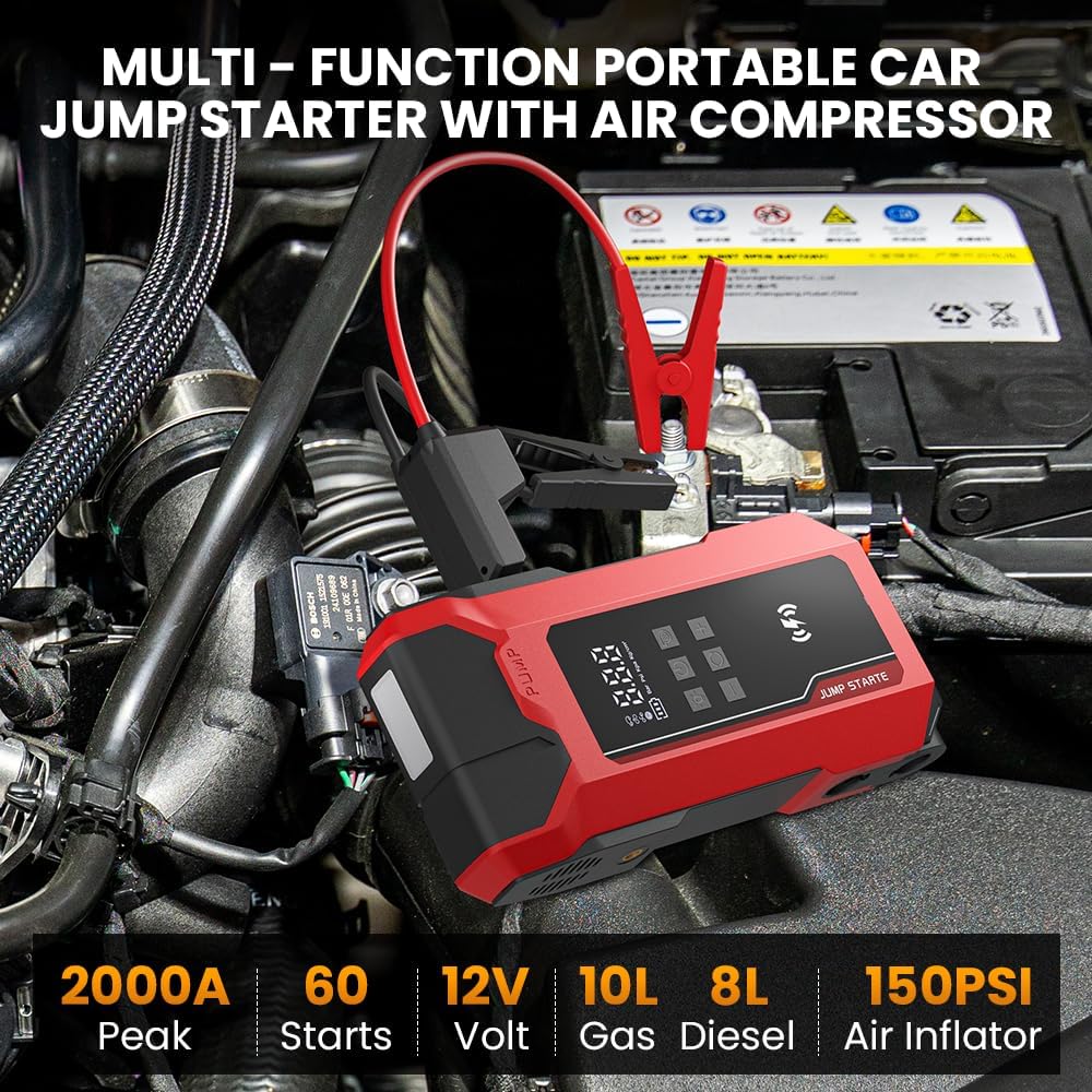 Jump Starter with Air Compressor, 20000mAh Battery Bank with USB Ports, Emergency Lighting. with air Pump for Inflatable Air Mattress, Boats, Swimming Ring,Tires, Ball(Grey)
