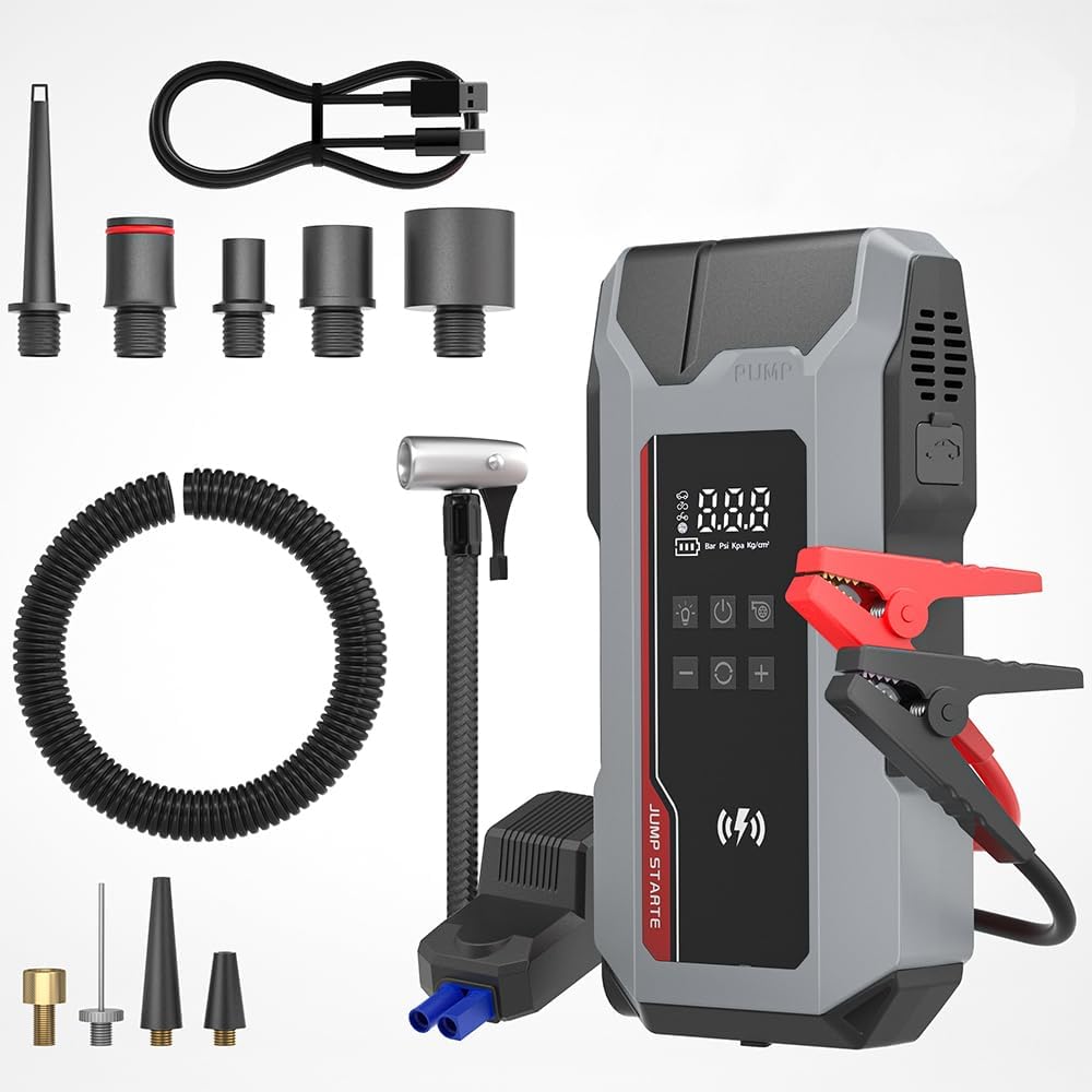 Jump Starter with Air Compressor, 20000mAh Battery Bank with USB Ports, Emergency Lighting. with air Pump for Inflatable Air Mattress, Boats, Swimming Ring,Tires, Ball(Grey)