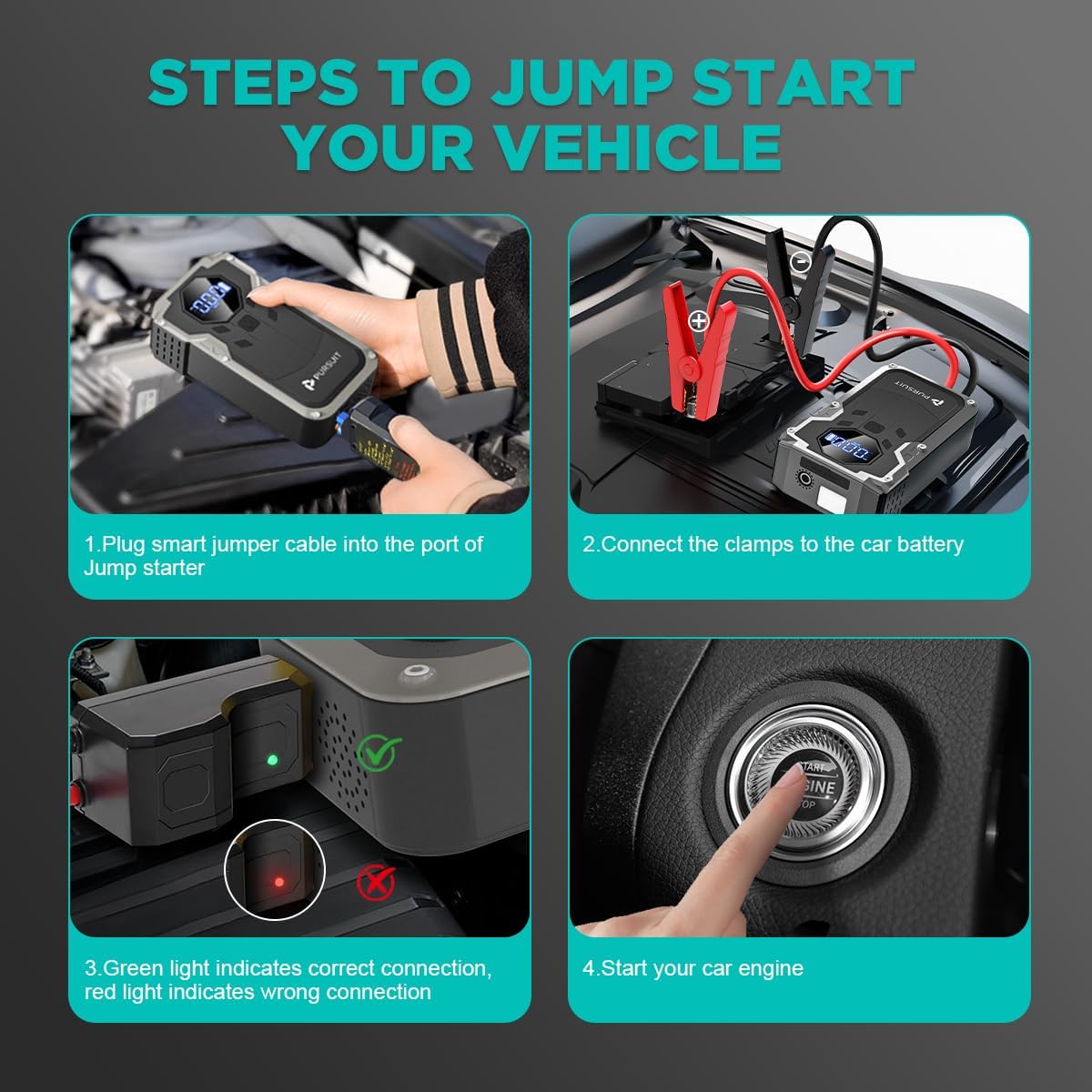 Jump Starter with Air Compressor, 2000A Peak Car Battery Booster(8L Gas/6L Diesel), 150PSI Tire Inflator Portable 12V Jump Box Car Battery Jumper Starter with Jumper Cable, LED Lights, LCD Display