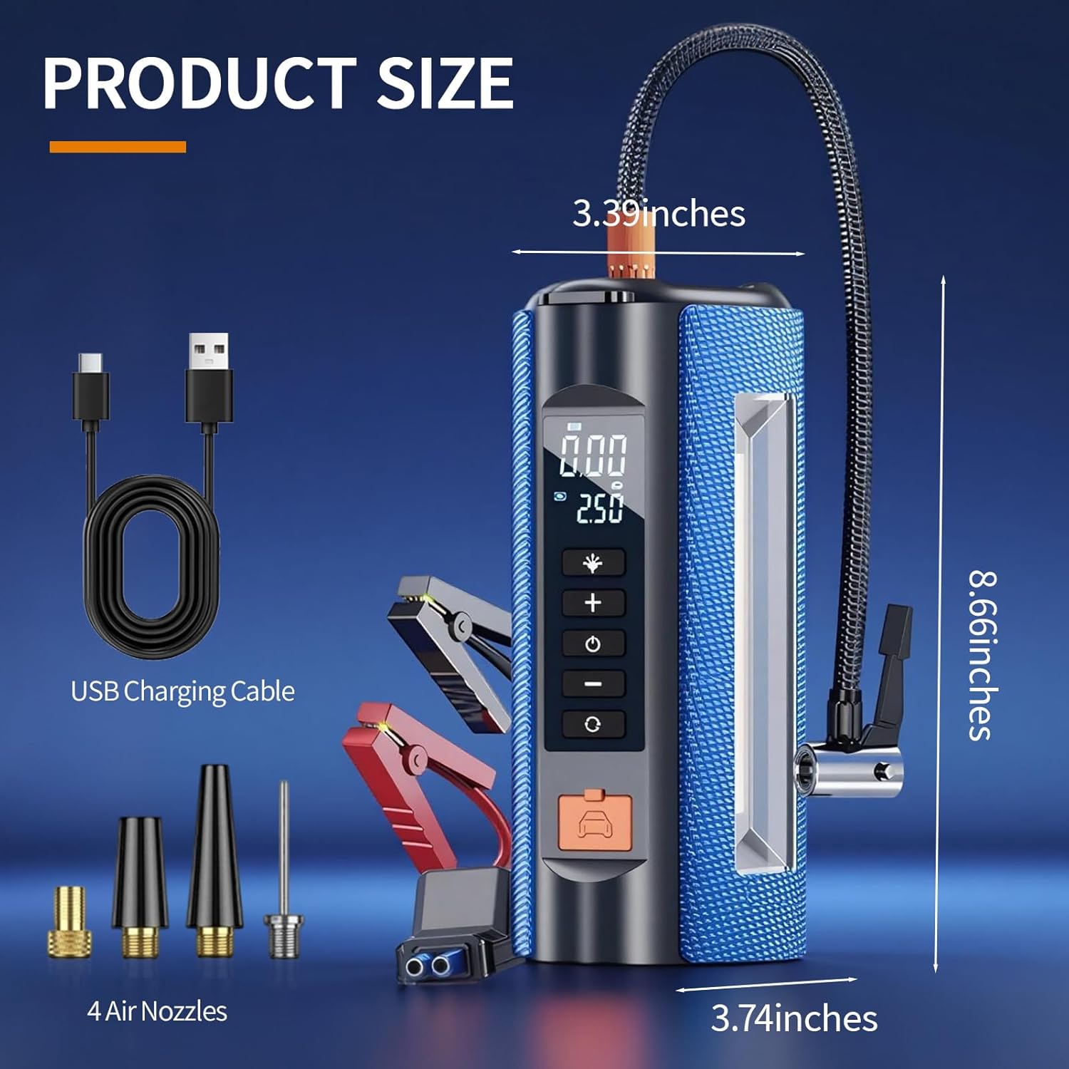 Jump Starter with Air Compressor, 2500A car Battery Starter, 12V car Booster Jumper Cable kit, Car Charger 150PSI Portable tire inflator, Multi-Function LED Outdoor Emergency Lighting