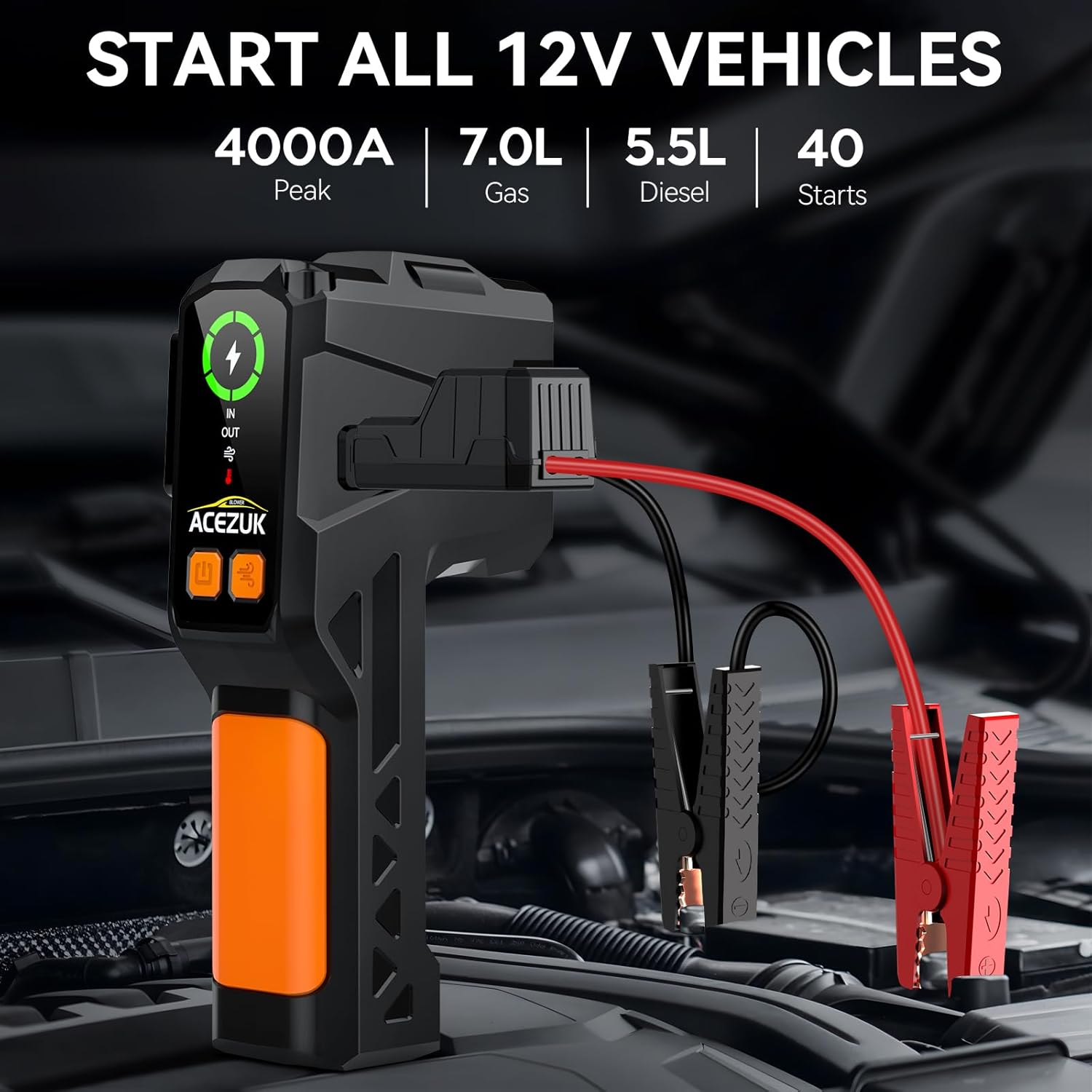Jump Starter with Air Compressor, 4000A Portable Jump Starter Battery Pack with Air Inflator  Deflator Pump, 8 in 1 Car Jump Starter(7.0L Gas/5.5L Diesel), 12V Jump Pack, Large Display, Flashlight