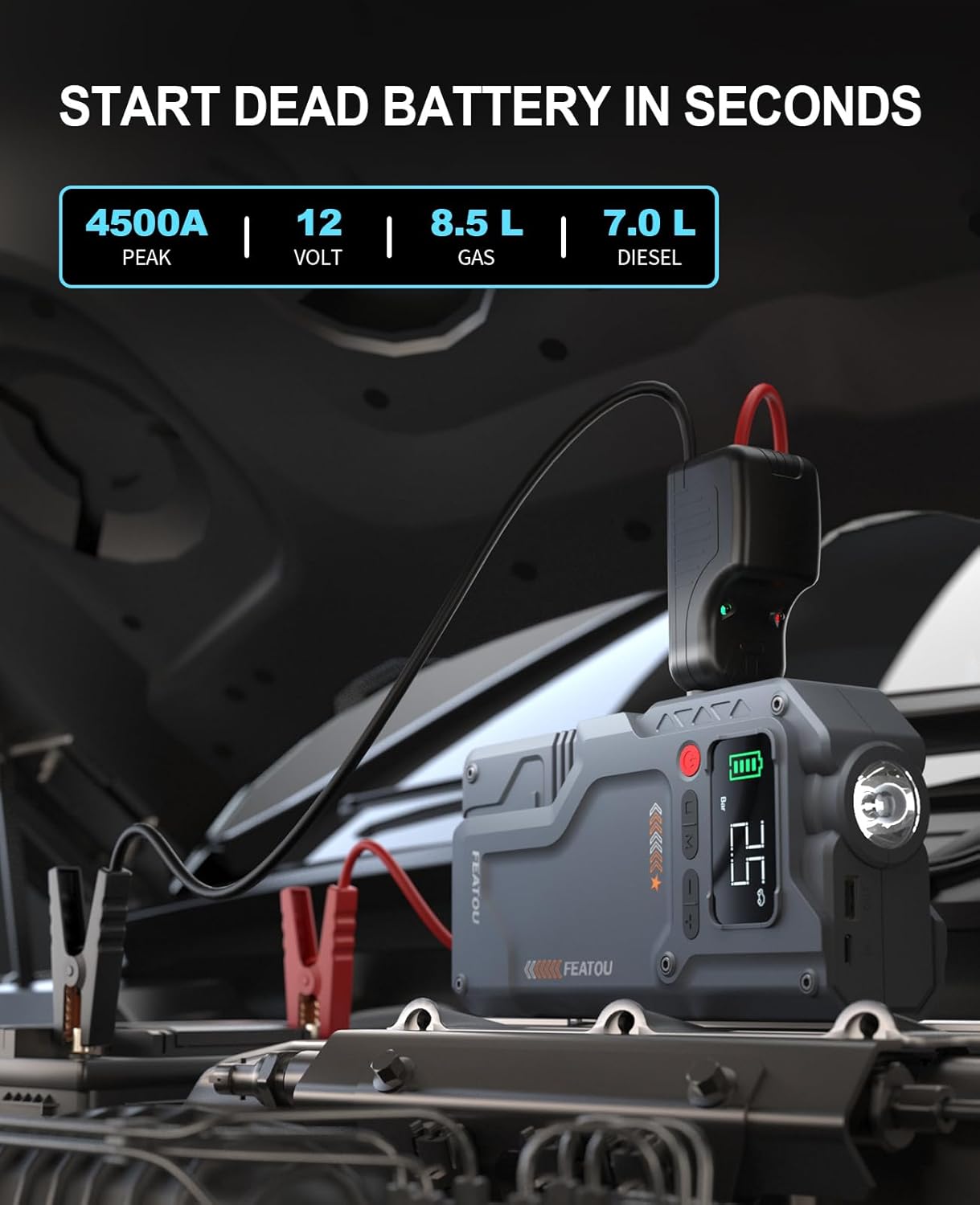 Jump Starter with Air Compressor, 5 in 1 Functional Jump Box 4500A Peak Power Pack with 150PSI Digital Tire Inflator, Portable Car Charger Jumper for 8.5L Gas or 7.0L Diesel Jump Starter with Air Compressor, 5 in 1 Functional Jump Box 4500A Peak Power Pack with 150PSI Digital Tire Inflator, Portable Car Charger Jumper for 8.5L Gas or 7.0L Diesel