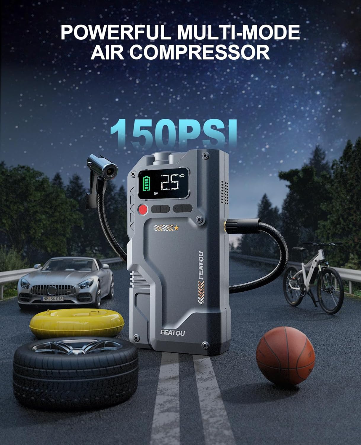 Jump Starter with Air Compressor, 5 in 1 Functional Jump Box 4500A Peak Power Pack with 150PSI Digital Tire Inflator, Portable Car Charger Jumper for 8.5L Gas or 7.0L Diesel Jump Starter with Air Compressor, 5 in 1 Functional Jump Box 4500A Peak Power Pack with 150PSI Digital Tire Inflator, Portable Car Charger Jumper for 8.5L Gas or 7.0L Diesel