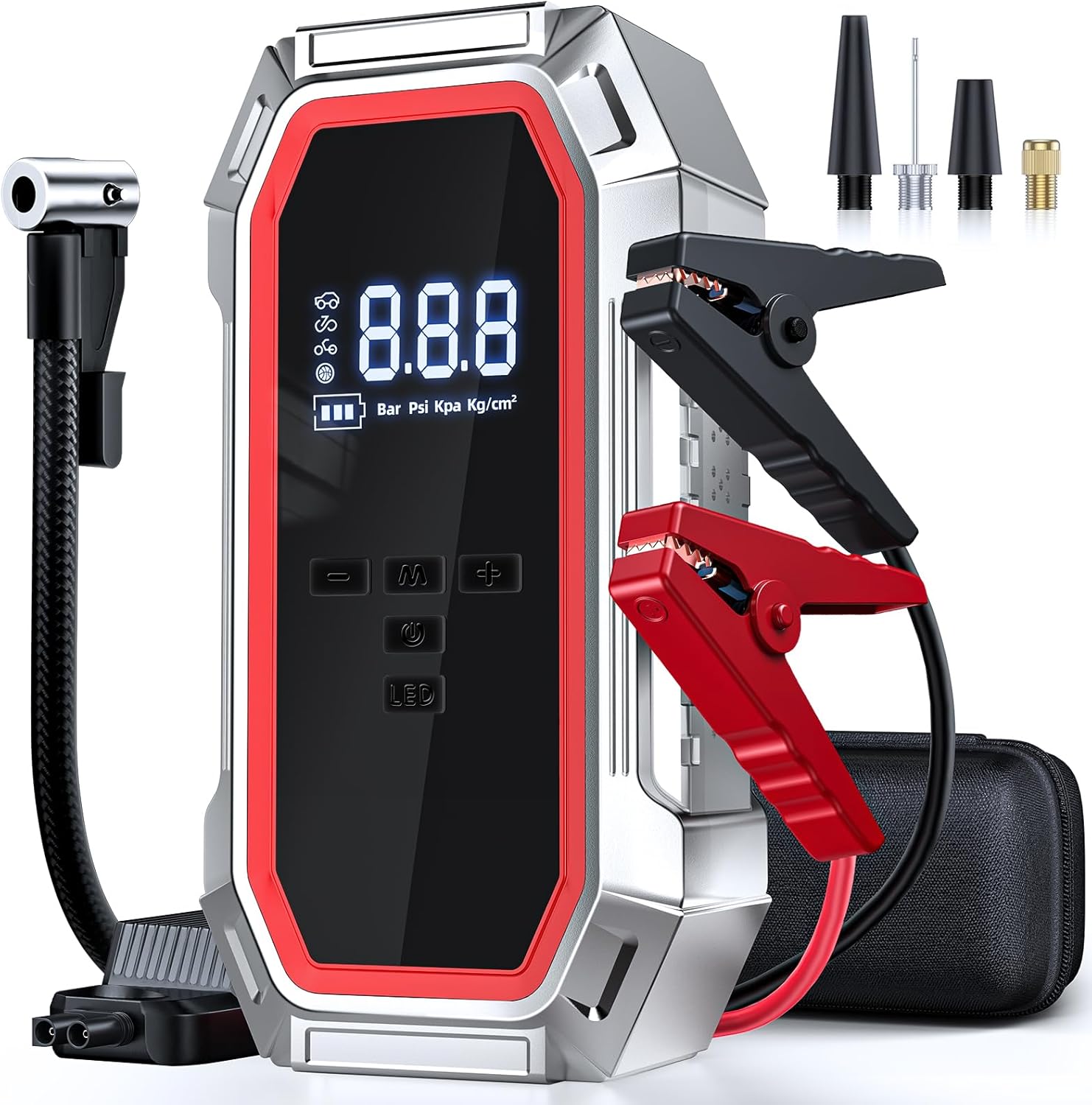 Jump Starter with Air Compressor, 5000A 150PSI Car Battery Jump Starter (9.0 Gas/8.0L Diesel), 12V Jump Box Car Battery Jumper Starter Portable with Jumper Cables, LCD Display, Lights