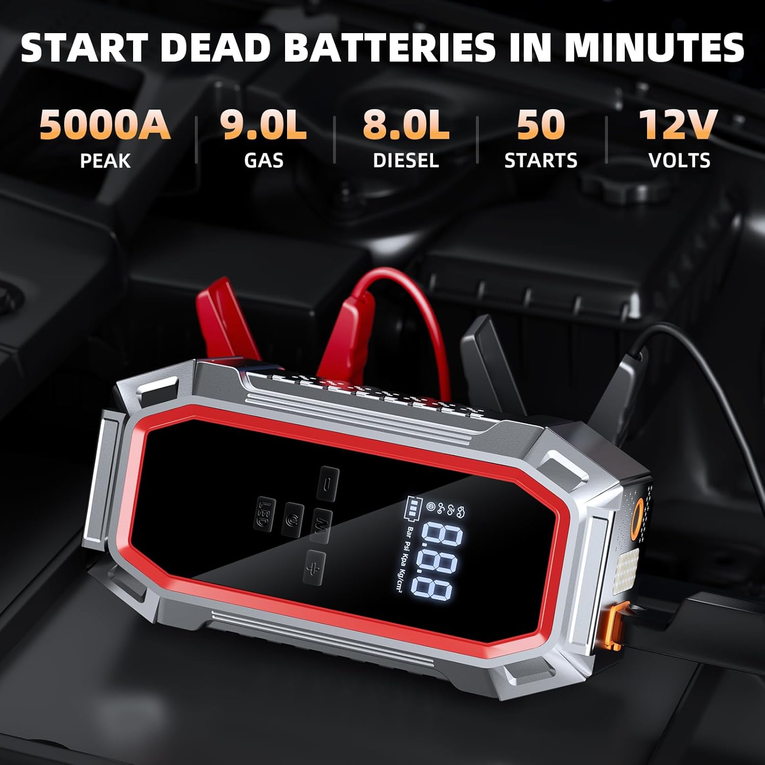 Jump Starter with Air Compressor, 5000A 150PSI Car Battery Jump Starter (9.0 Gas/8.0L Diesel), 12V Jump Box Car Battery Jumper Starter Portable with Jumper Cables, LCD Display, Lights