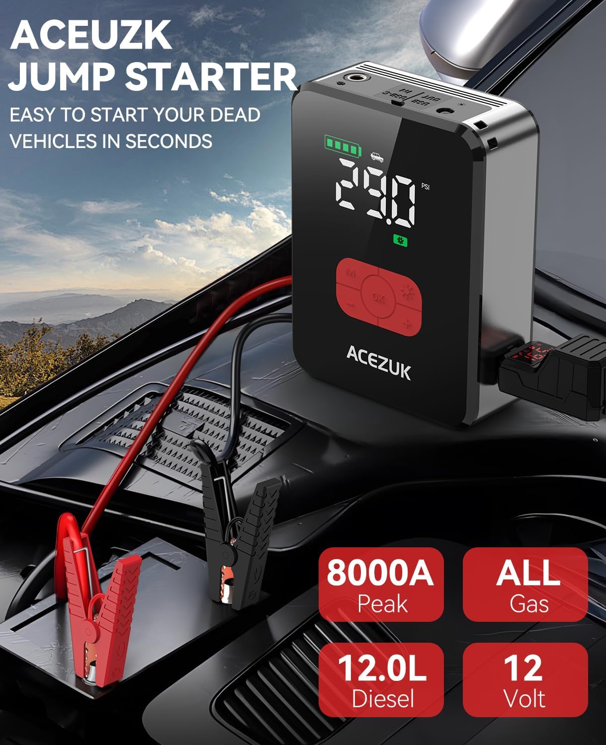 Jump Starter with Air Compressor, 8000A 150PSI Car Jump Starter (All Gas/10.0L Diesel), 12V Battery Jump Starters, Portable Jumper Cables, LCD Display and LED Lights