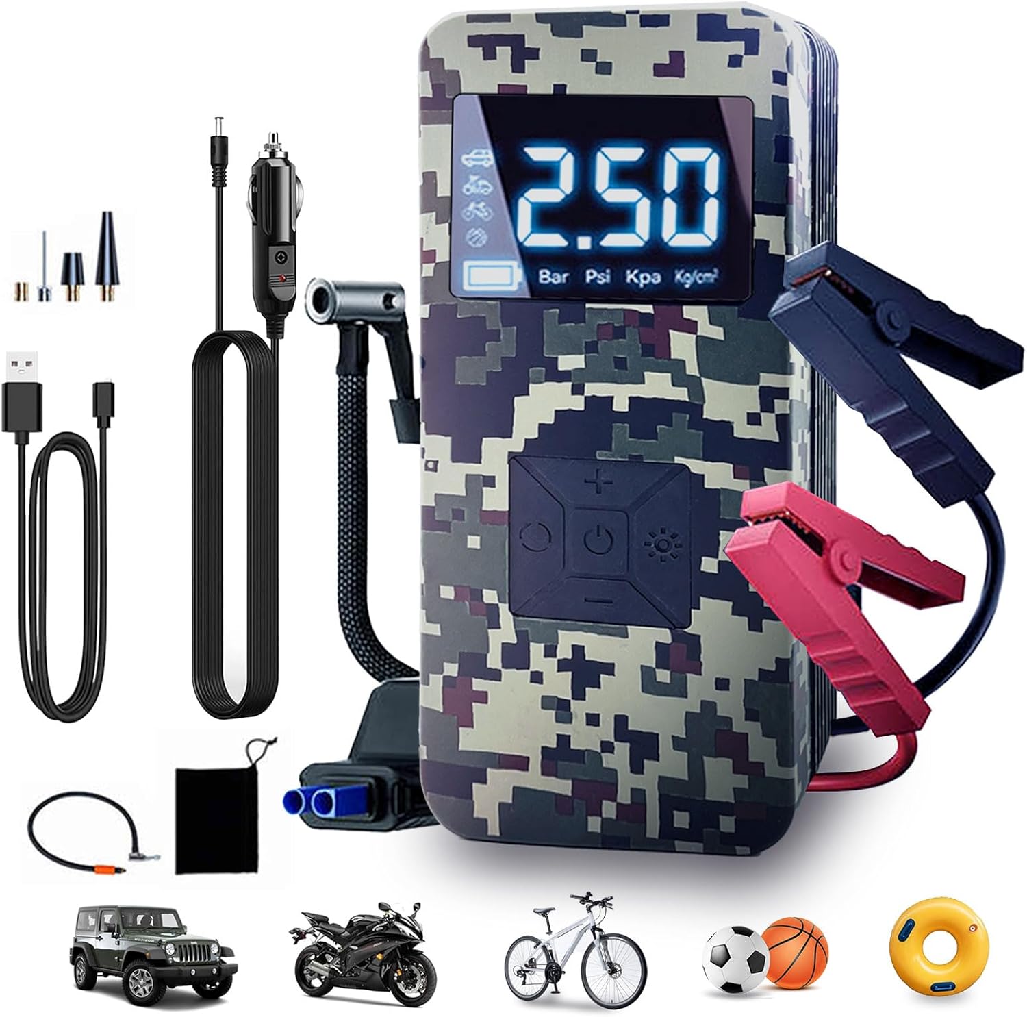 Jump Starter with Air Compressor,8000A Car Battery Jumper Starter (9.0 Gasoline/6.5L Diesel) with 150PSI Digital tire inflator Portable,14.8V Power Pack Car Jump Box Charger with LCD Display, Lights