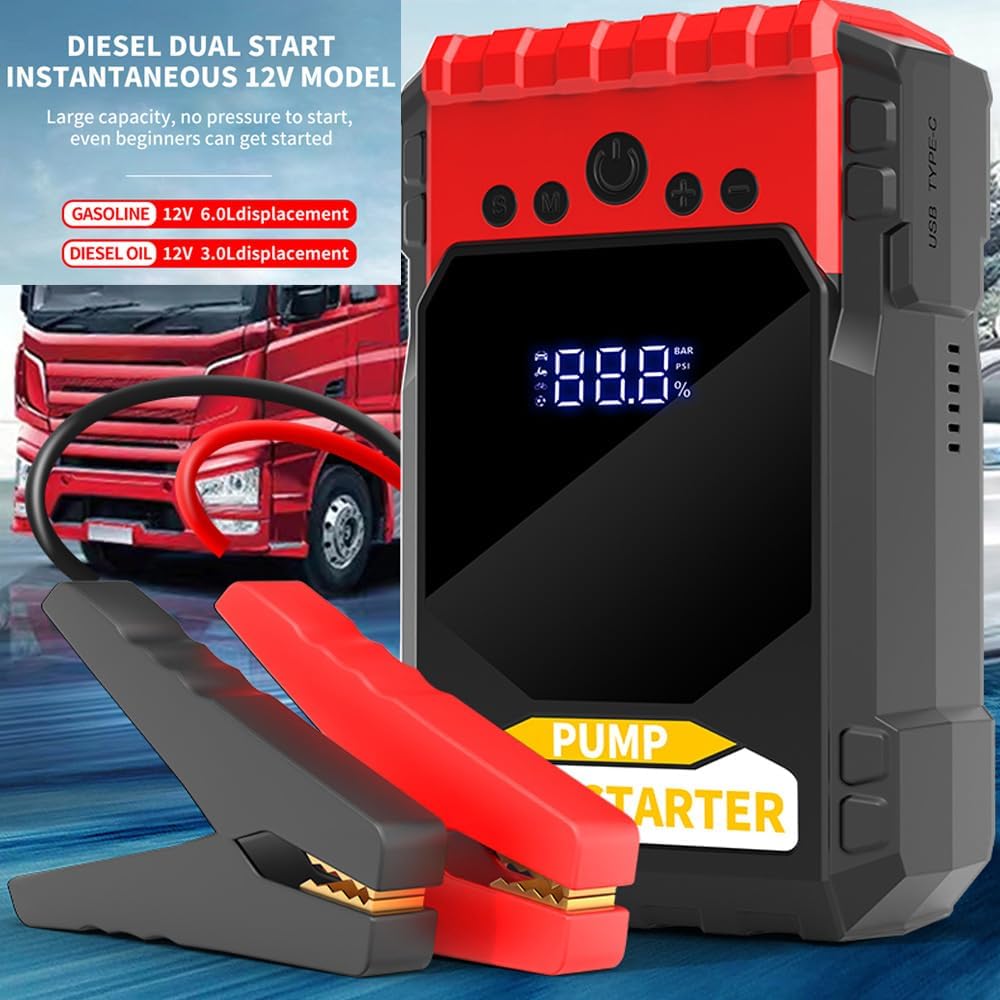 Multifunctional Jump ter with Air Compressor 1000A Peaks Battery Boosters Power Pack (Up to 5.0L Gasoline or 3.0L Dils Engines) with 150PSI Digital Tire Inflator LED Dual USB Output