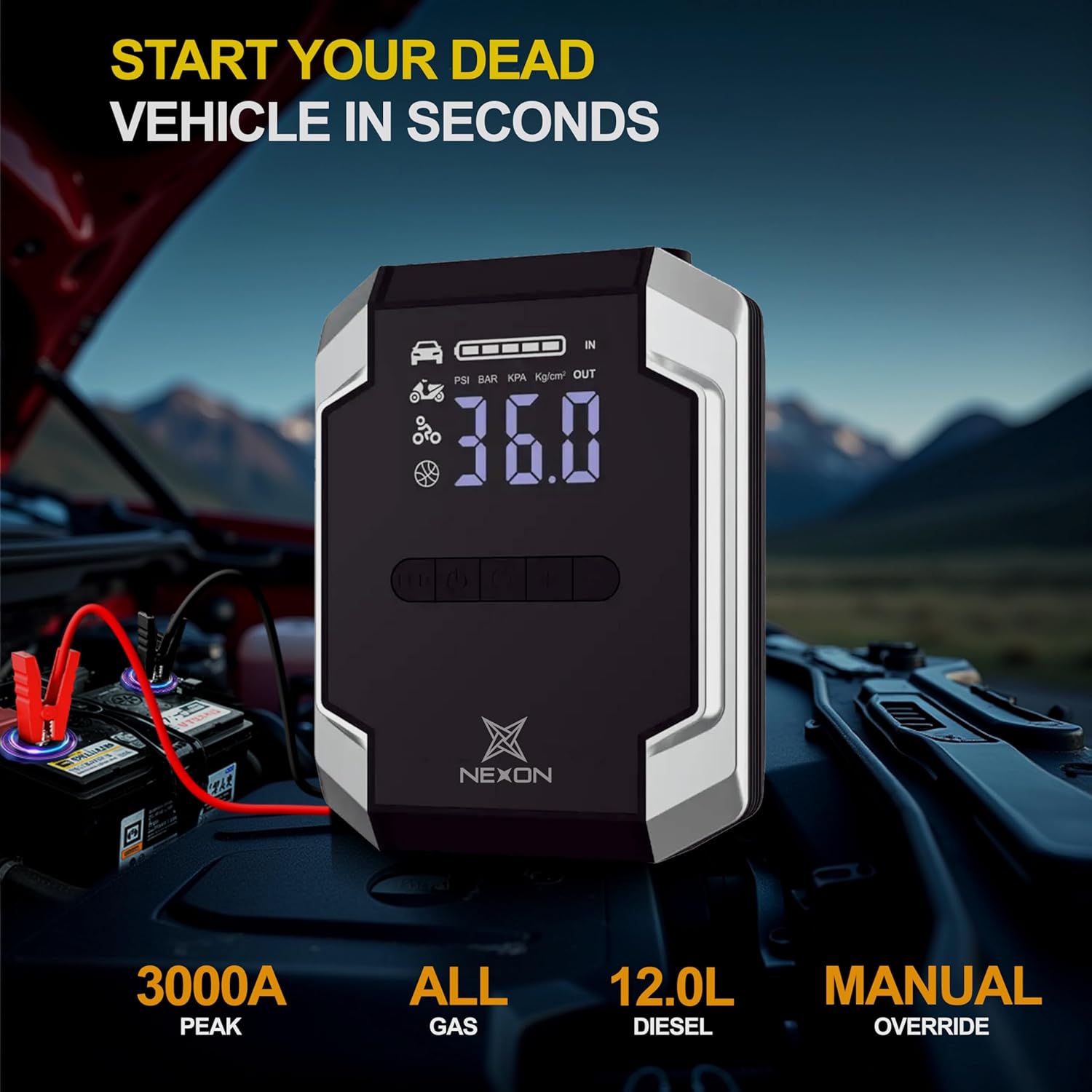 NEXON Jump Starter with Air Compressor  Vacuum Cleaner, 20000mah Portable Car Battery Jump Starter Box (All Gas/Diesel) Auto-Shutoff, Led Light Power Bank, Tire Inflator for Car  Vehicles