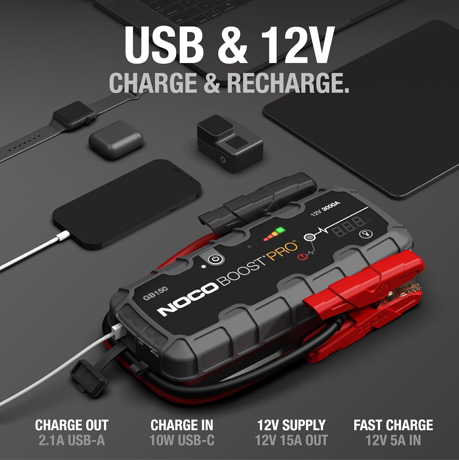 NOCO Boost GB150: 3000A UltraSafe Jump Starter – 12V Lithium Battery Booster Pack, Portable Jump Box, Power Bank  Jumper Cables - for 9.0L Gas and 7.0L Diesel Engines
