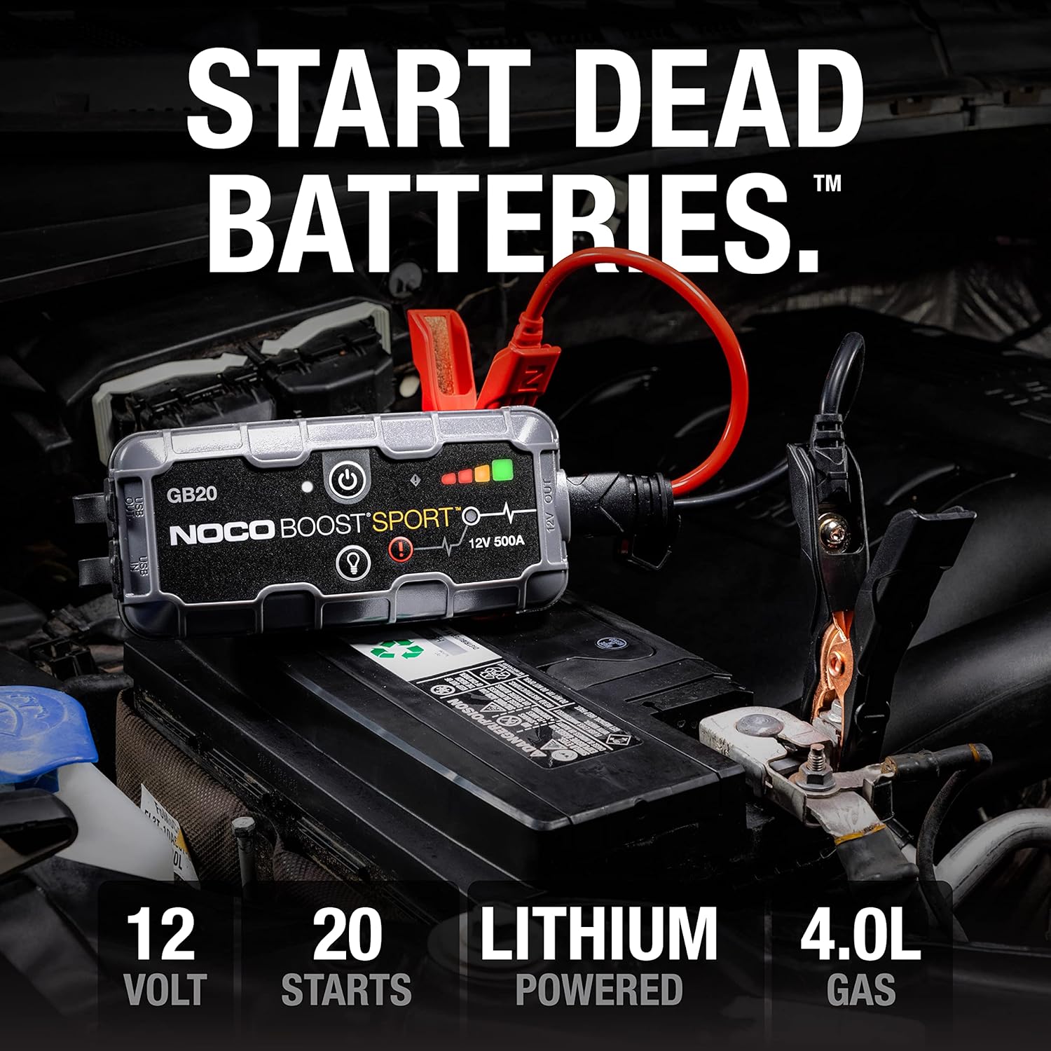 NOCO Boost GB20: 500A UltraSafe Jump Starter – 12V Lithium Battery Booster Pack, Portable Jump Box, Power Bank  Jumper Cables - for 4.0L Gas Engines