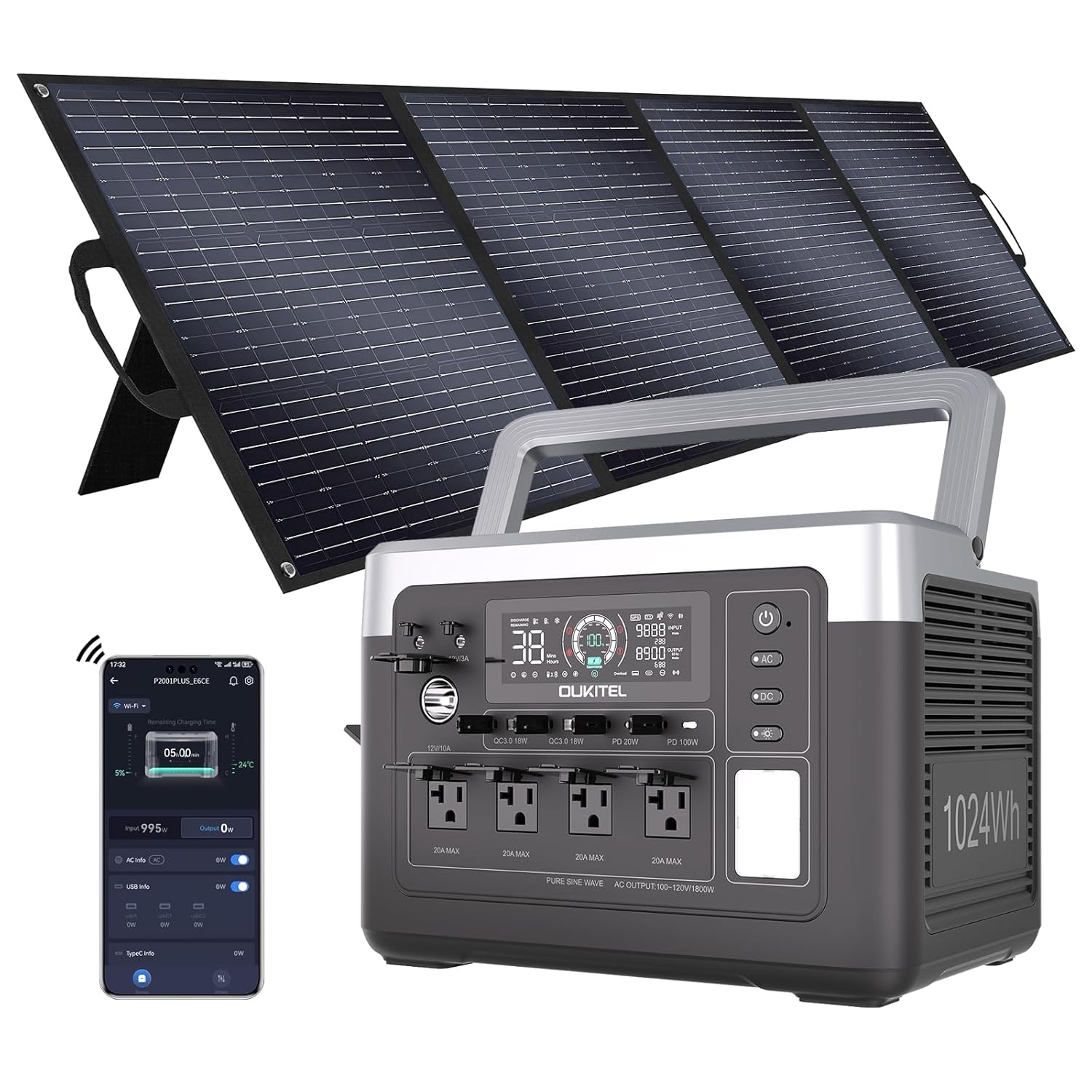 OUKITEL P1000 Plus 1800W Power Station with 200W Solar Panel, 1024Wh Solar Generator with 4 AC Outlets (3600W Peak), 1200W Fast Charging, APP Control Battery Backup for Home, Camping  RVs