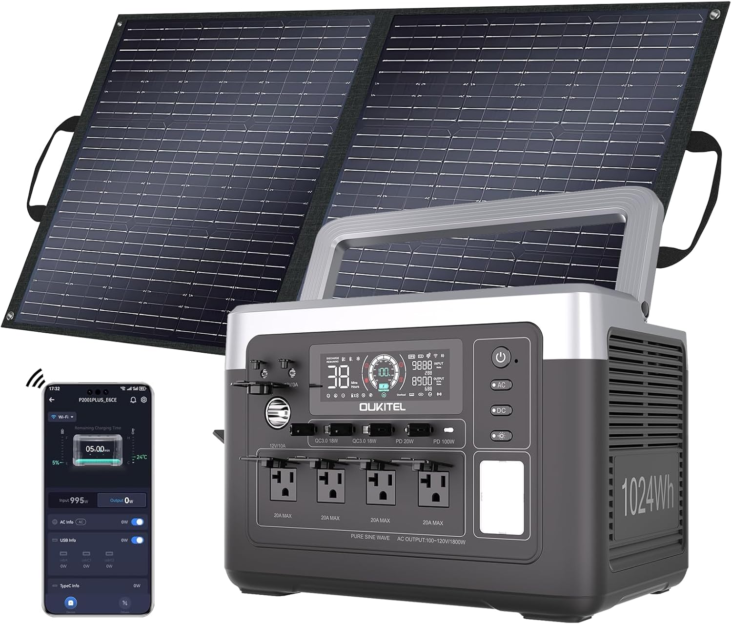 OUKITEL P1000 Plus 1800W/1024Wh Power Station with 100W Solar Panel, 1200W Fast Charging, Solar Generator with 4 AC Outlets (3600W Peak), APP Control Battery Backup for Home, Camping  RVs