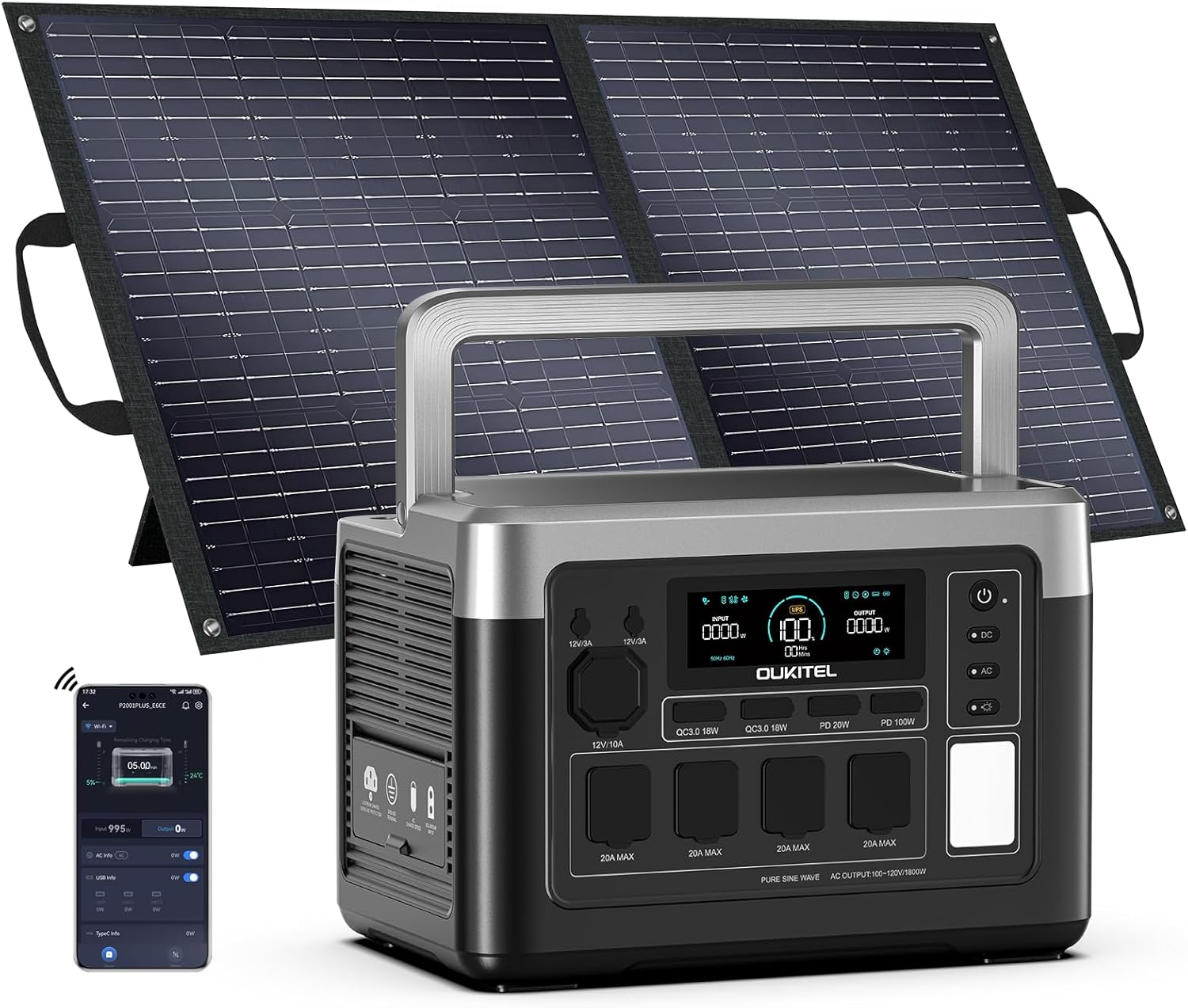 OUKITEL P1000 Plus 1800W/1024Wh Power Station with 100W Solar Panel, 1200W Fast Charging, Solar Generator with 4 AC Outlets (3600W Peak), APP Control Battery Backup for Home, Camping  RVs