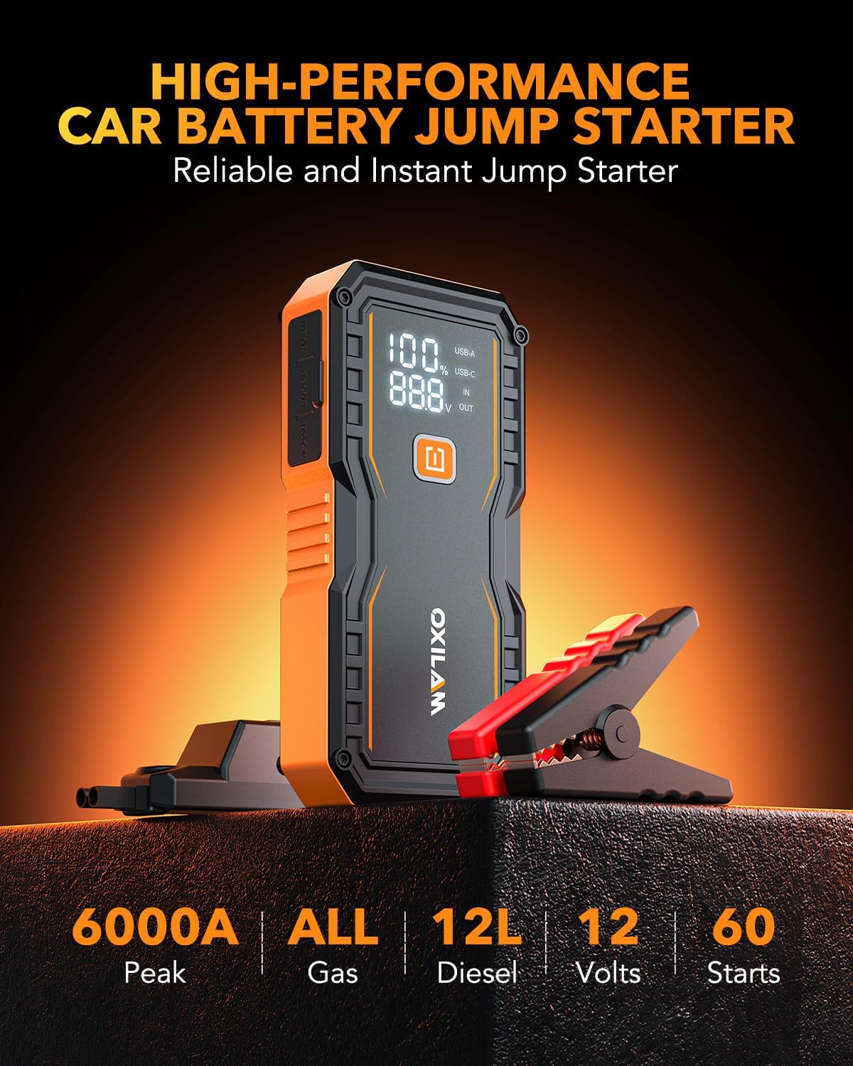 OXILAM 8000A Jump Starter - Car Jumper Starter Portable for All Gas  Diesel Engines, 12V Jump Box for Car Battery with Extended Jumper Cables, USB, DC, Type C Port  LED Light