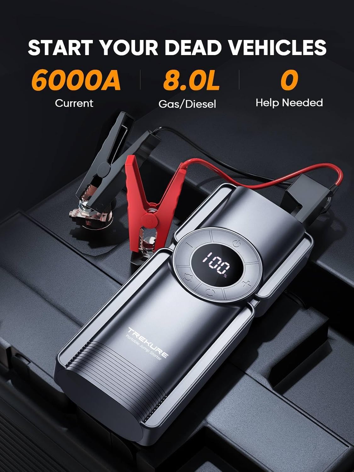 Portable Car Jump Starter with Air Compressor, 150PSI 6000A Jump Starter Jump Pack (9L Gas/8L Diesel), Safe Jumper Starter Portable Jump Box with Display, Emergency Lights