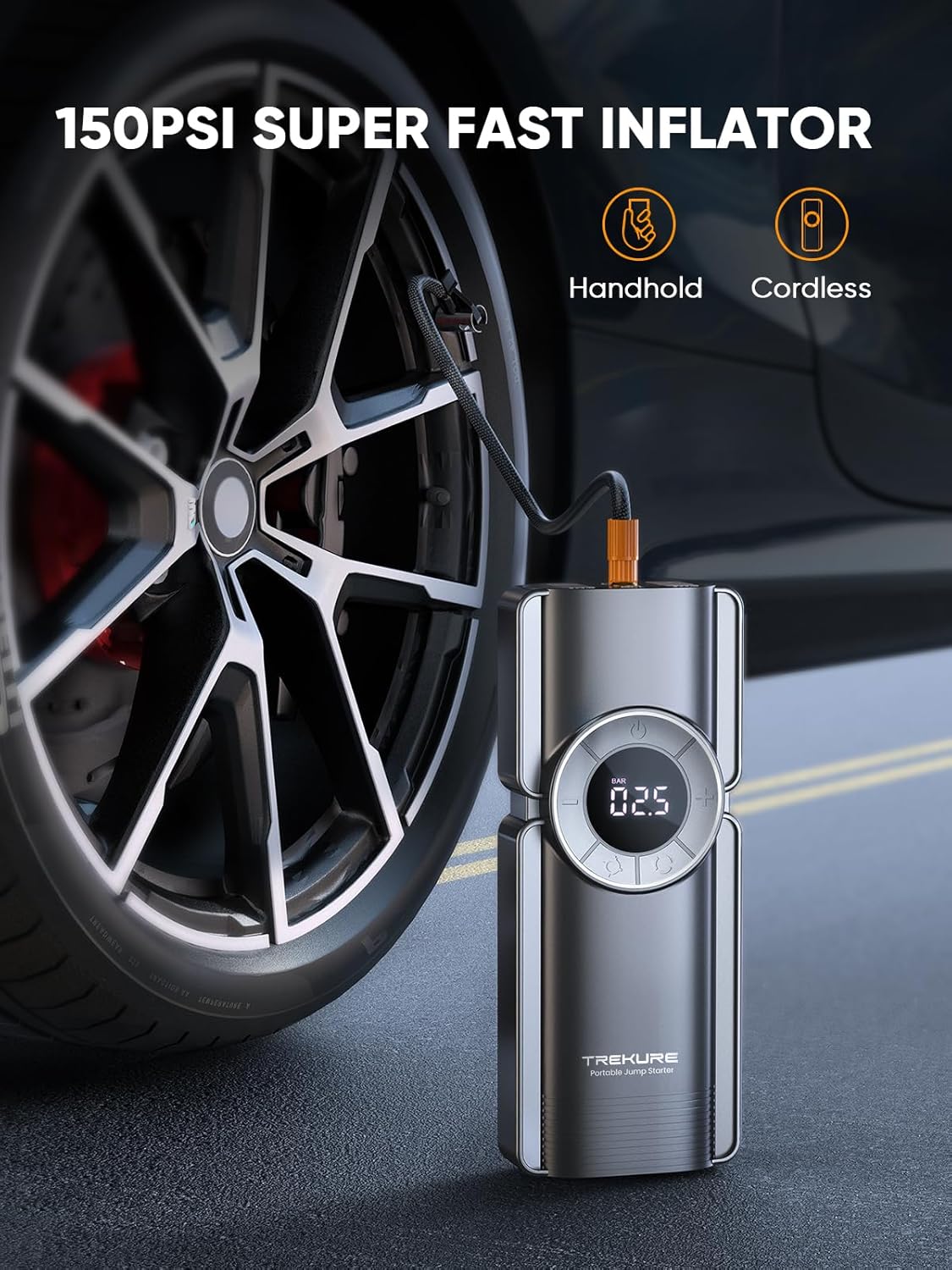 Portable Car Jump Starter with Air Compressor, 150PSI 6000A Jump Starter Jump Pack (9L Gas/8L Diesel), Safe Jumper Starter Portable Jump Box with Display, Emergency Lights