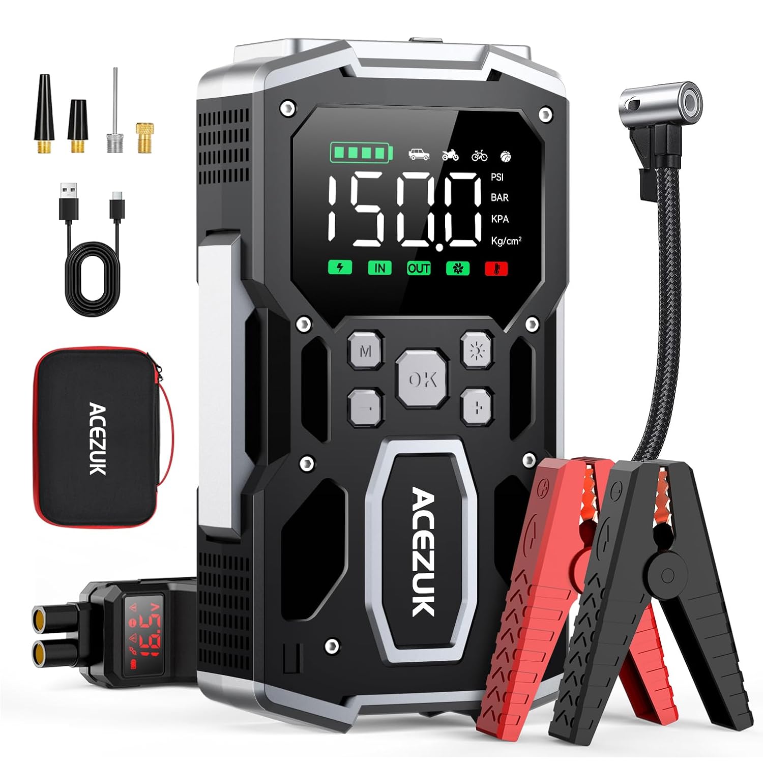 Portable Car Jump Starter with Air Compressor, ACEZUK 150PSI 7000A Jump Starter (All Gas/10.0L Diesel), 12V Battery Jump Box Car Battery Jumper Starter with 3.4 LCD Display, 2 Lights