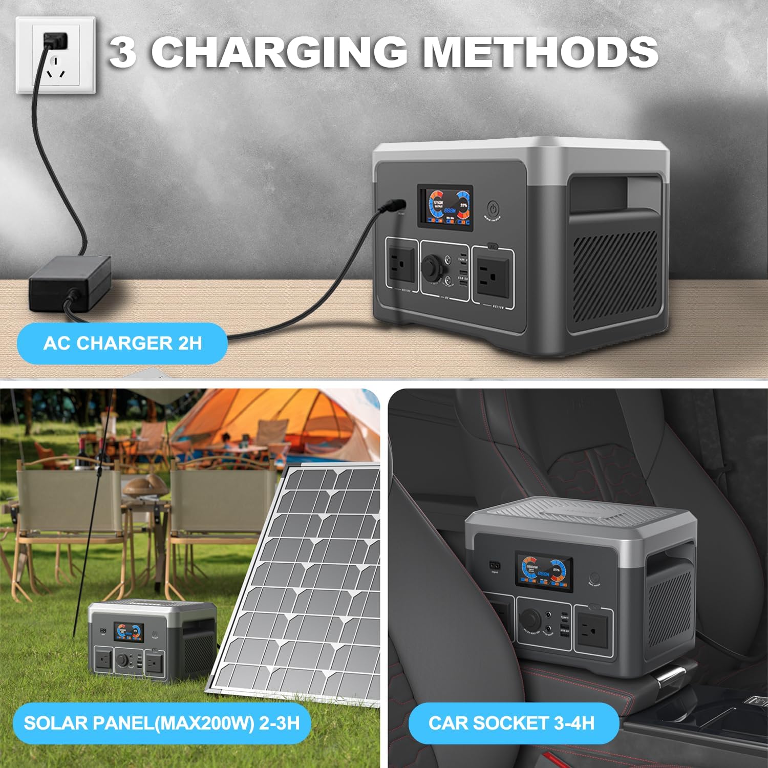 Portable Power Station 600W 665.6Wh LiFePO4 Battery Backup Solar Generator with 2x 600W AC Outlets(Surge 1800W),LED Lights,Music PlayerUPS Function for Home,RV,Campinp