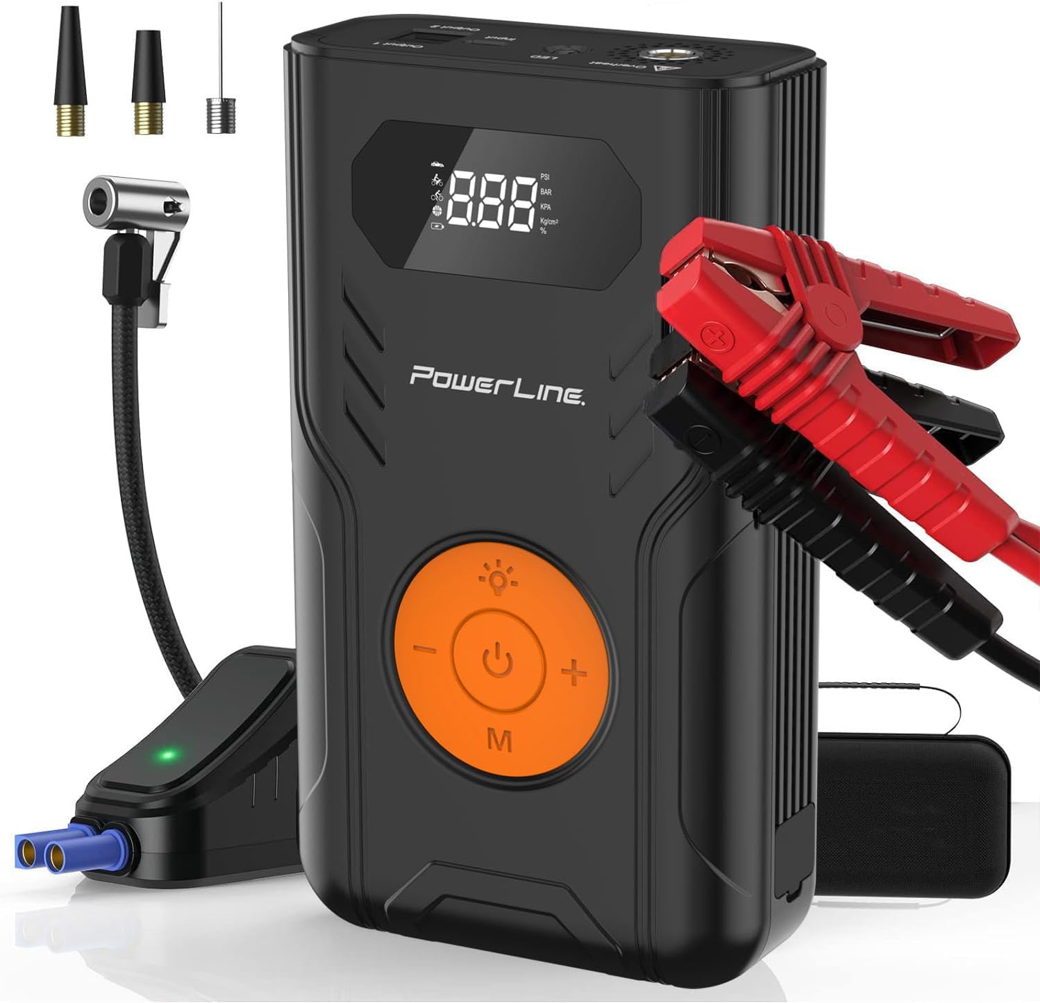 PowerLine Car Battery Jump Starter with Air Compressor - 4-in-1 Pump  Jump 1200A Car Battery Jumper with Tire Inflator, 3 USB Charging Ports  LED Light - Up to 5.2L Gas  3.5L Diesel Trucks, 120 PSI