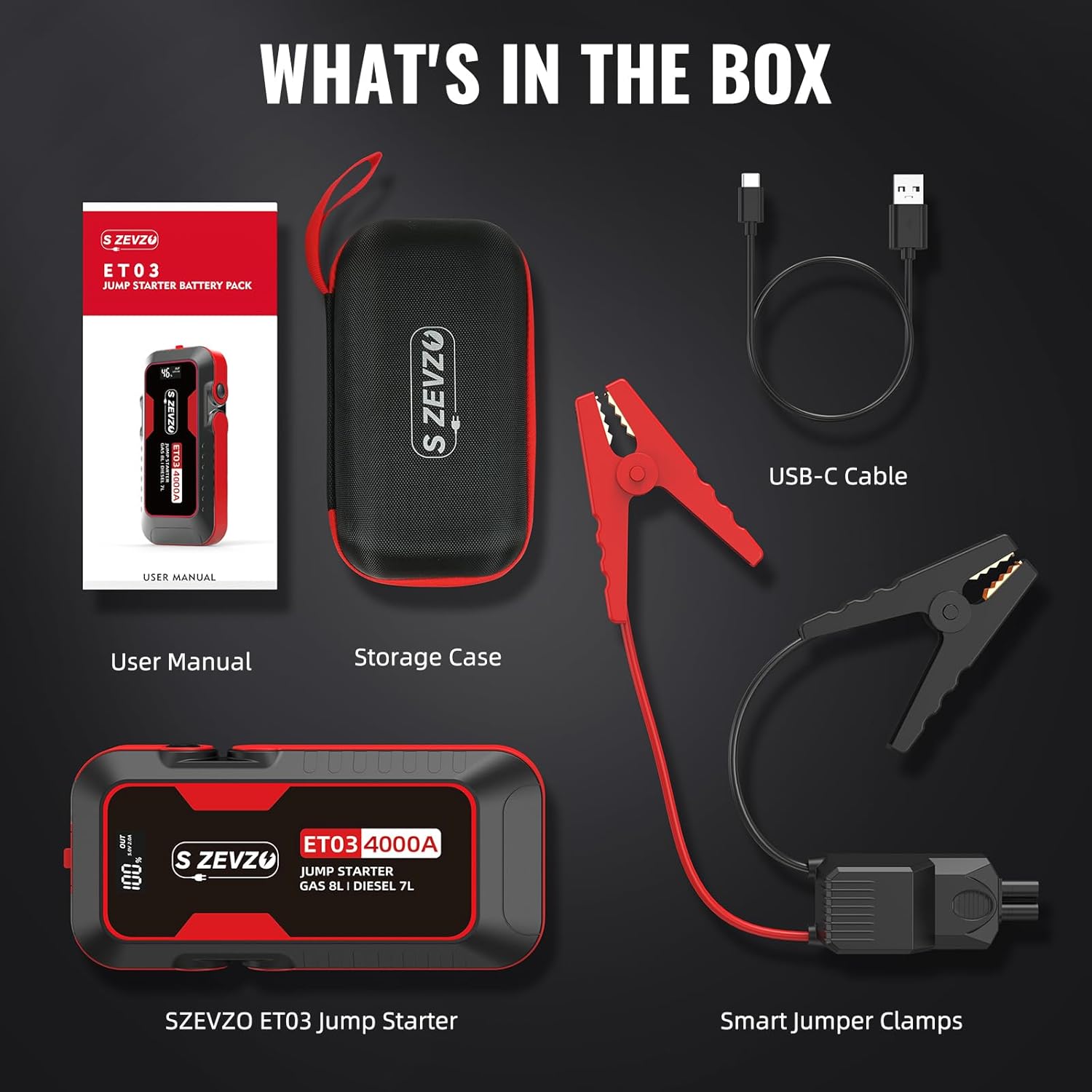 S ZEVZO ET03 Car Jump Starter 4000A Jump Starter Battery Pack for Up to 8.0L Gas and 7.0L Diesel Engines, 74Wh Portable 12V Jump Box with USB Ports, LCD Display, Storage Case, and LED Light S ZEVZO ET03 Car Jump Starter 4000A Jump Starter Battery Pack for Up to 8.0L Gas and 7.0L Diesel Engines, 74Wh Portable 12V Jump Box with USB Ports, LCD Display, Storage Case, and LED Light