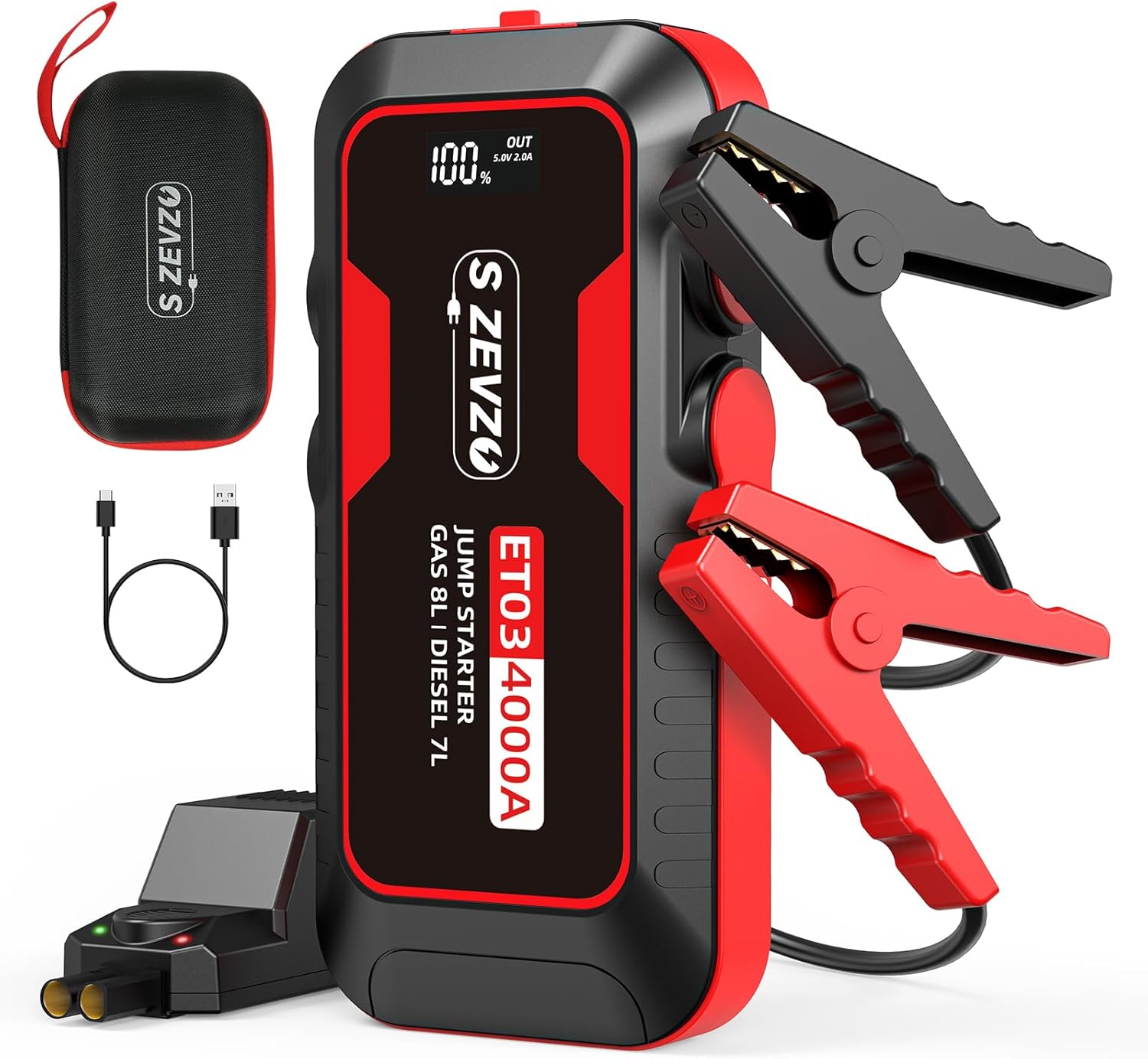 S ZEVZO ET03 Car Jump Starter 4000A Jump Starter Battery Pack for Up to 8.0L Gas and 7.0L Diesel Engines, 74Wh Portable 12V Jump Box with USB Ports, LCD Display, Storage Case, and LED Light S ZEVZO ET03 Car Jump Starter 4000A Jump Starter Battery Pack for Up to 8.0L Gas and 7.0L Diesel Engines, 74Wh Portable 12V Jump Box with USB Ports, LCD Display, Storage Case, and LED Light