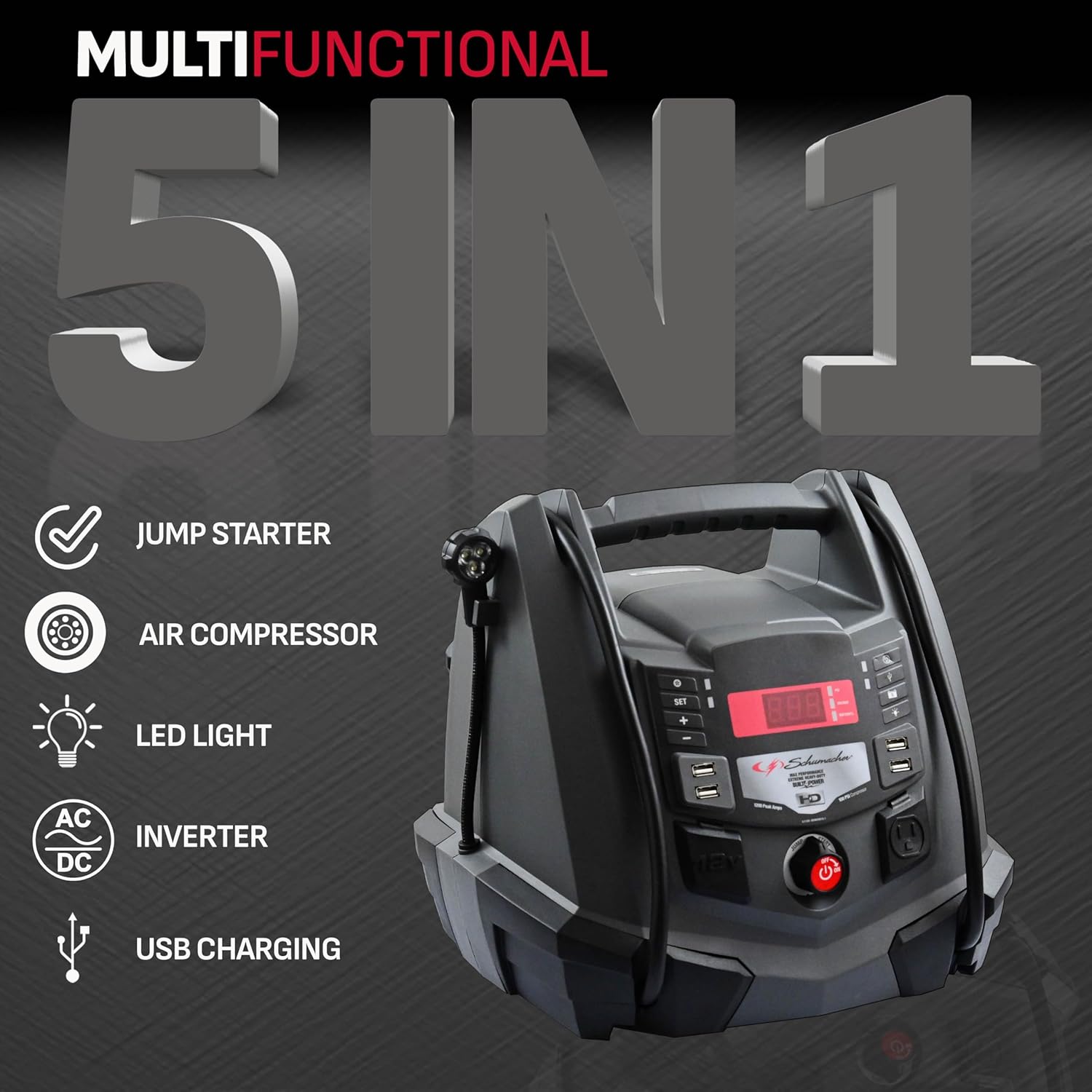 Schumacher Electric Jump Starter and Portable Power Station, SJ1289, 5-in-1, 1200 Peak Amps, 12 Volts, 100-PSI Air Compressor, 200 Continuous Watt Power Inverter, 6 Outlets - DC, AC and USB