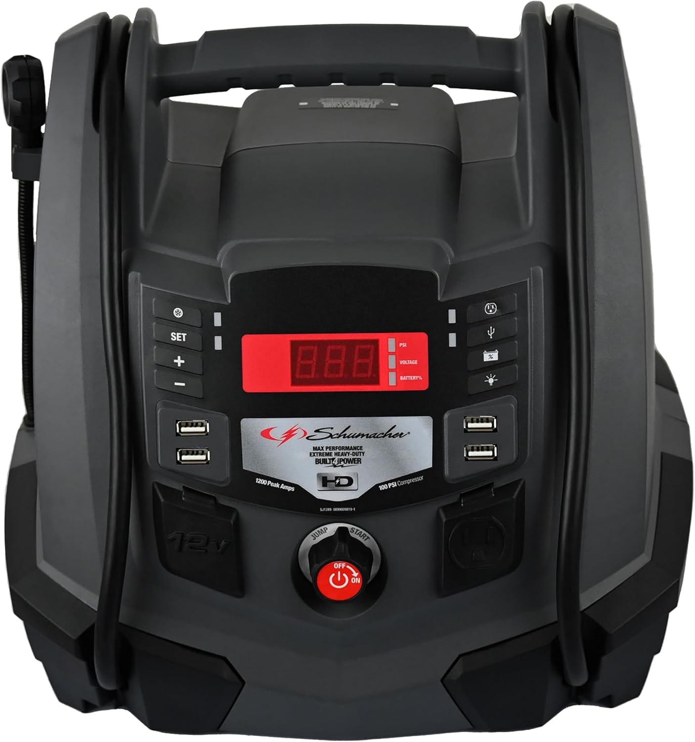 Schumacher Electric Jump Starter and Portable Power Station, SJ1289, 5-in-1, 1200 Peak Amps, 12 Volts, 100-PSI Air Compressor, 200 Continuous Watt Power Inverter, 6 Outlets - DC, AC and USB