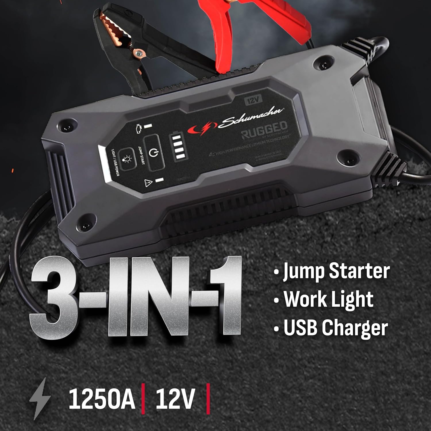 Schumacher Electric Lithium Jump Starter and Portable Power Pack SL1648, 3-in-1, 1250A, 12V, for 6.0L Gas, 3.0L Diesel Engines- Works on Cars, Trucks, Motorcycles, Marine Batteries, SUVs, and More