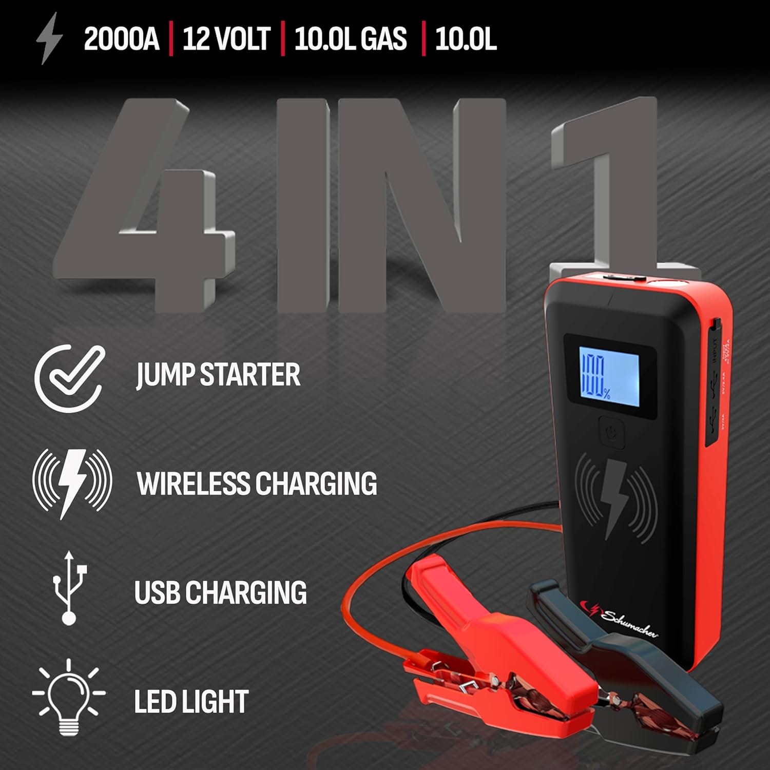 Schumacher Electric Lithium Jump Starter and Portable Power Pack with Patented 10 Watt Wireless Charging Pad, SL1643, 4-in-1, 2000 Amps, 12 Volt, 3 Amp USB Port, LED Light