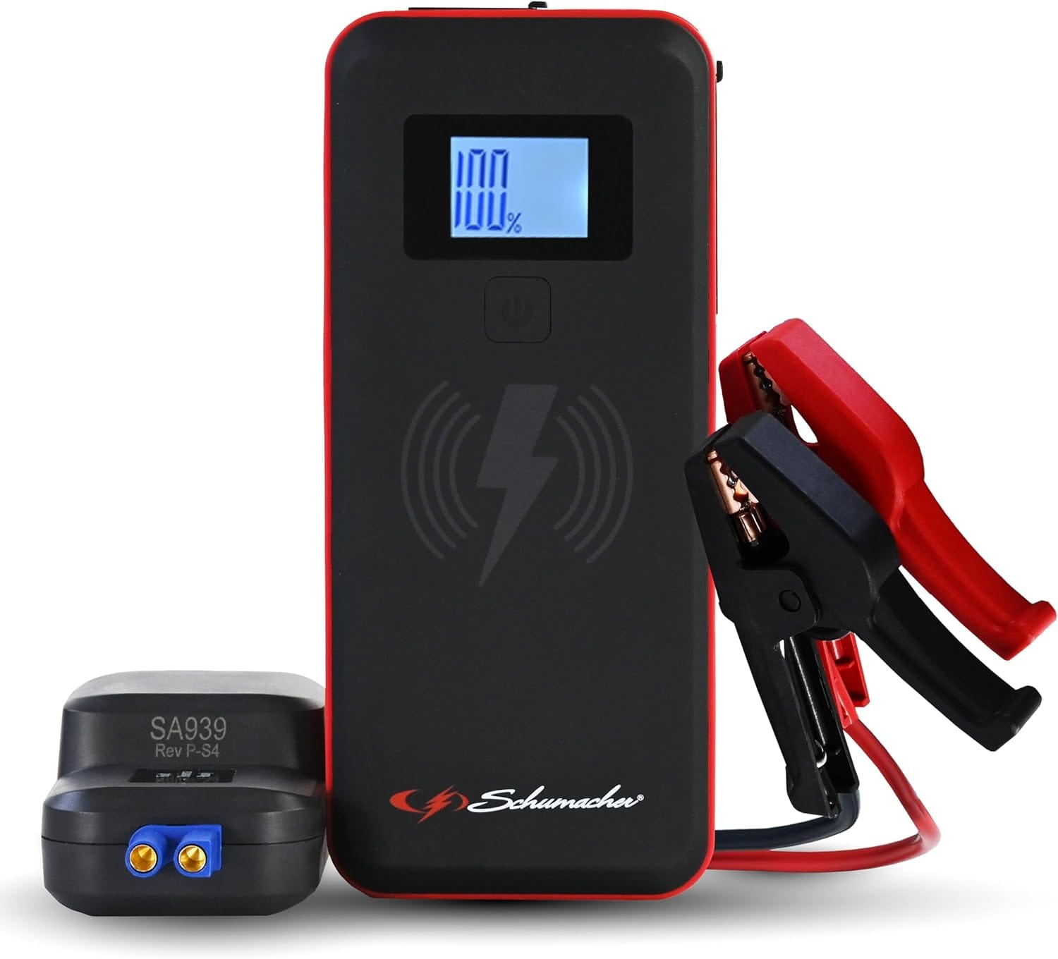 Schumacher Electric Lithium Jump Starter and Portable Power Pack with Patented 10 Watt Wireless Charging Pad, SL1643, 4-in-1, 2000 Amps, 12 Volt, 3 Amp USB Port, LED Light