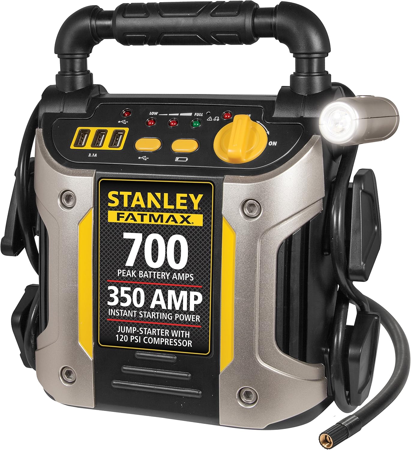 Stanley FATMAX J7CS Portable Power Station Jump Starter 700 Peak Amp Battery Booster, 120 PSI Air Compressor, 3.1A USB Ports, Battery Clamps