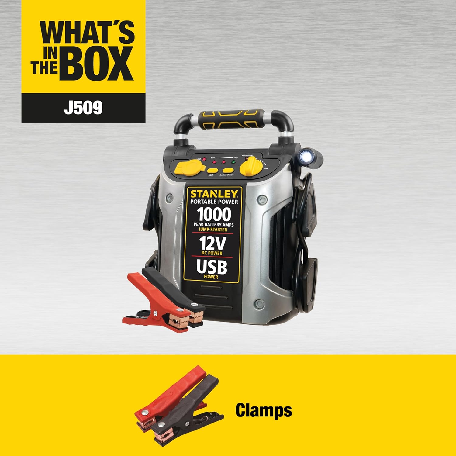 STANLEY J309 Portable Power Station Jump Starter 600 Peak Amp Battery Booster, 3.1A USB Ports, 12 Volts, Battery Clamps