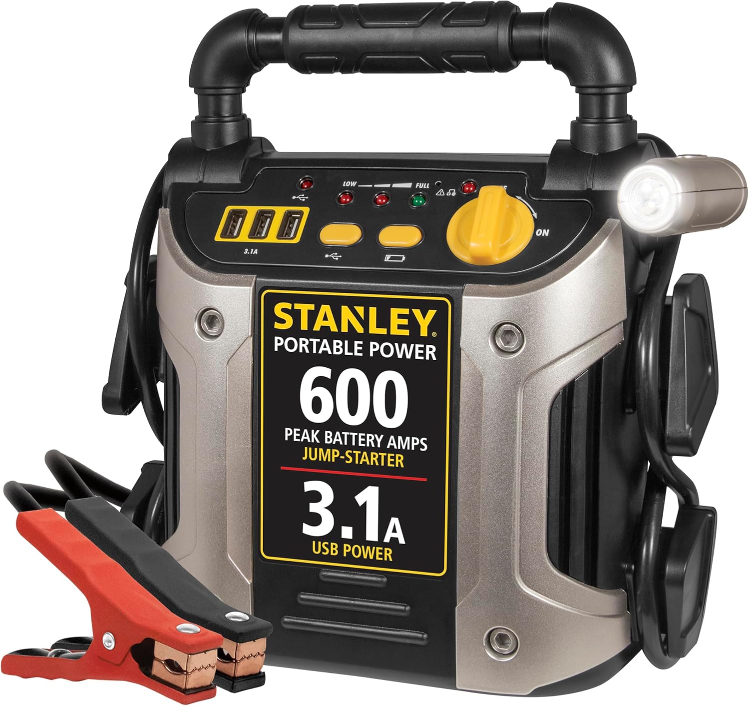 STANLEY J309 Portable Power Station Jump Starter 600 Peak Amp Battery Booster, 3.1A USB Ports, 12 Volts, Battery Clamps