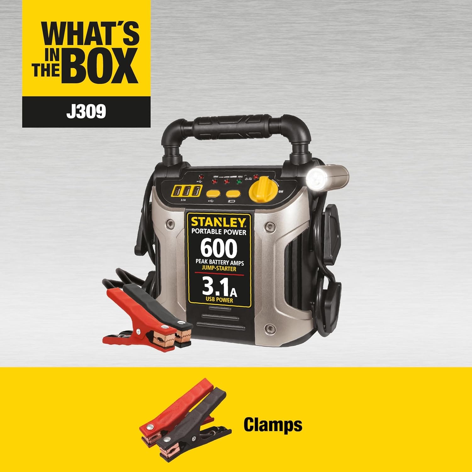 STANLEY J509 Portable Power Station Jump Starter 1000 Peak Amp Battery Booster, USB Port, Battery Clamps