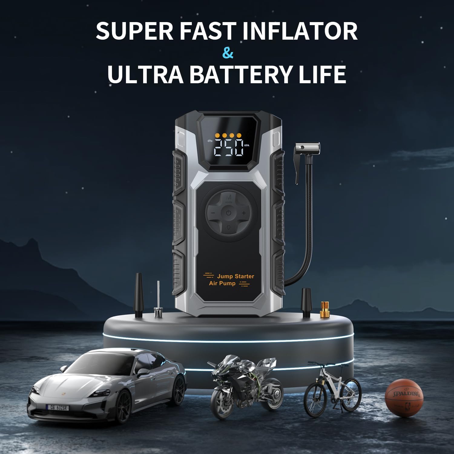 Tire Inflator Portable Air Compressor, 5500A Car Jump Starter, 12V Portable Battery Booster Jump Pack for 9.0L Gas/7.5L Diesel, Jump Box Fast Charging, Power Bank, Emergency Light