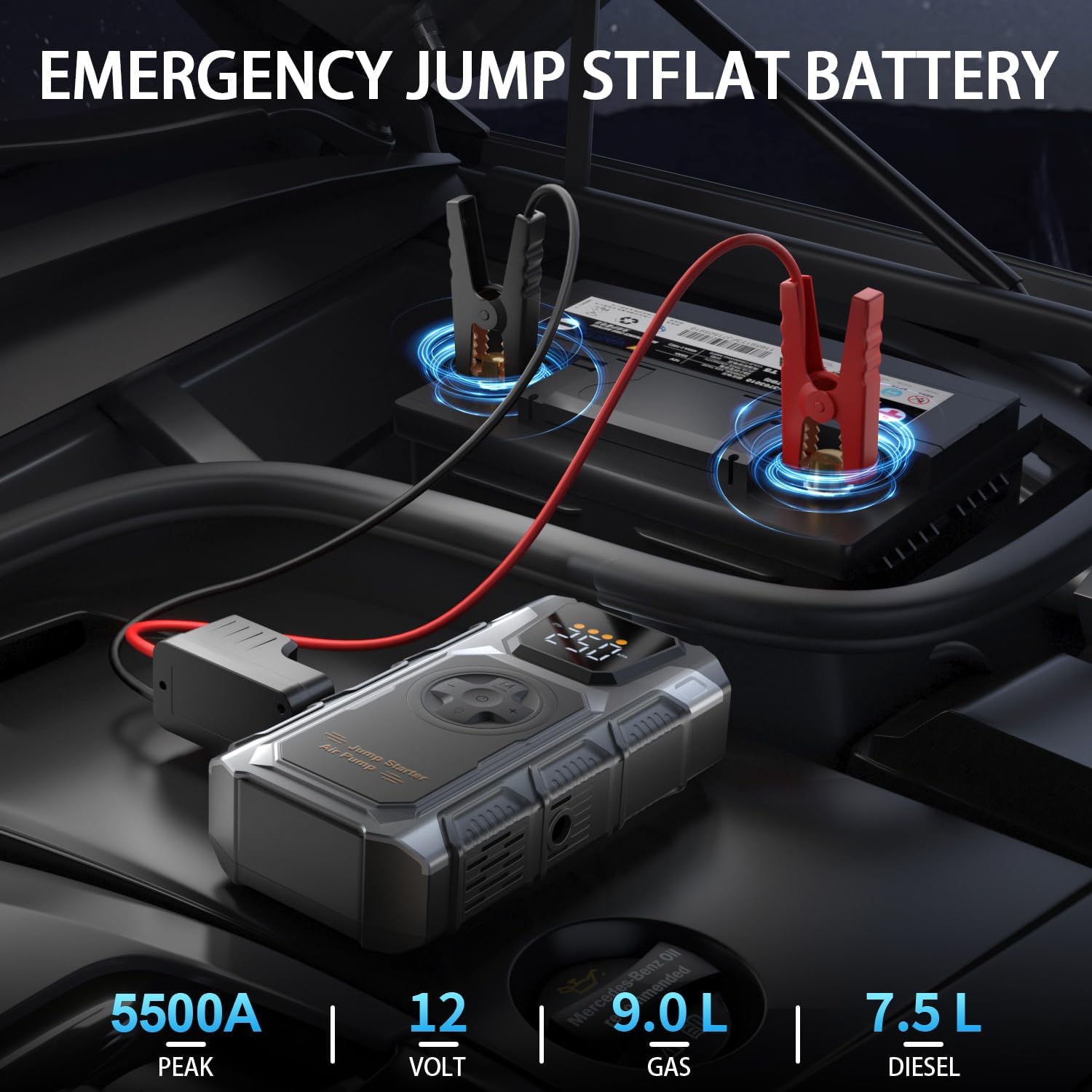 Tire Inflator Portable Air Compressor, 5500A Car Jump Starter, 12V Portable Battery Booster Jump Pack for 9.0L Gas/7.5L Diesel, Jump Box Fast Charging, Power Bank, Emergency Light