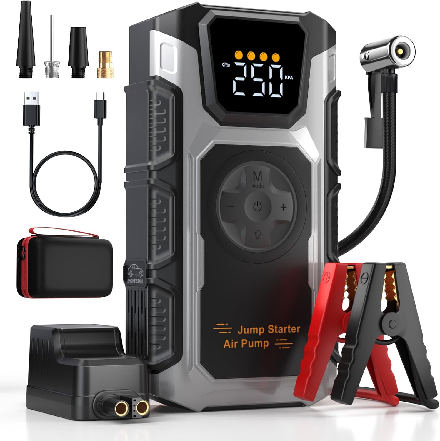 Tire Inflator Portable Air Compressor, 5500A Car Jump Starter, 12V Portable Battery Booster Jump Pack for 9.0L Gas/7.5L Diesel, Jump Box Fast Charging, Power Bank, Emergency Light