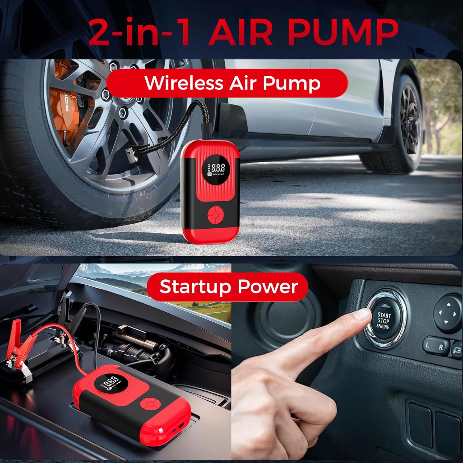 Tire Inflator Portable Air Compressor  Car Jump Starter, Cordless Air Pump with LED Light  Pressure Gauge for Auto,Motorcycles,Bikes,Balls, Emergency Battery Booster  Phone Charger,150PSI