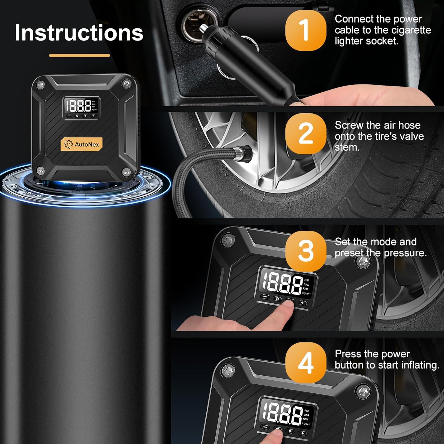 Tire Inflator Portable Air Compressor, Tire Air Pump with Jump Starter, 150 PSI Cordless Tire Inflator and Car Battery Jump Starter for Car, Bike, Motorcycle, Ball, with Pressure Gauge and Storage Bag