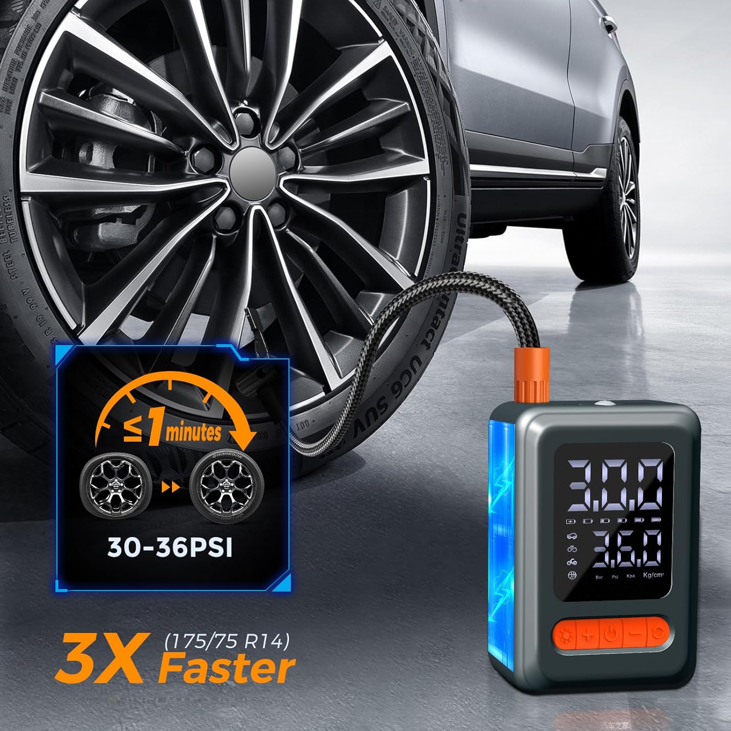 Tire Inflator Portable Air Compressor with battery jumper starter, 28000mAh Battery 3X Faster Cordless Tire Inflator with Tire Pressure Gauge,150PSI Electric Air Pump for Car Tires,Motorcycle,Bike