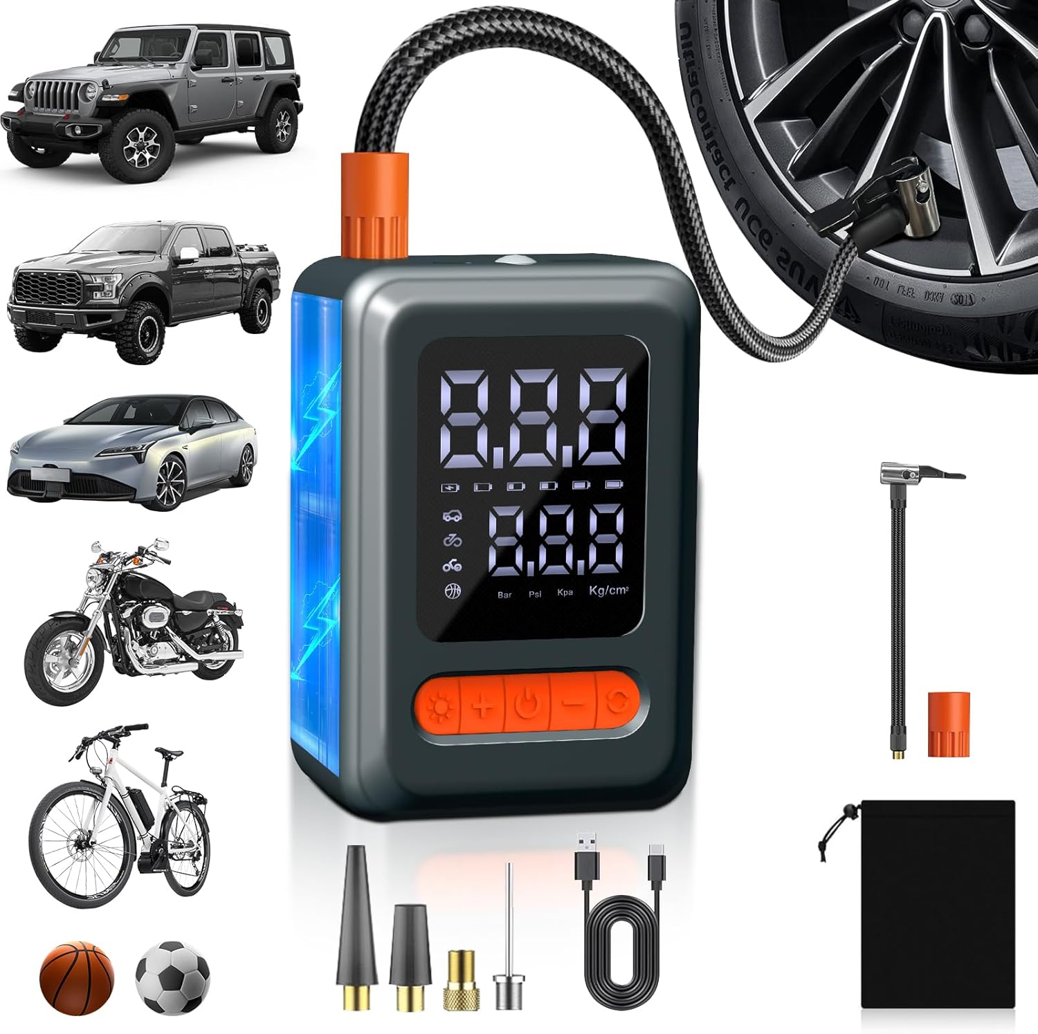 Tire Inflator Portable Air Compressor with battery jumper starter, 28000mAh Battery 3X Faster Cordless Tire Inflator with Tire Pressure Gauge,150PSI Electric Air Pump for Car Tires,Motorcycle,Bike