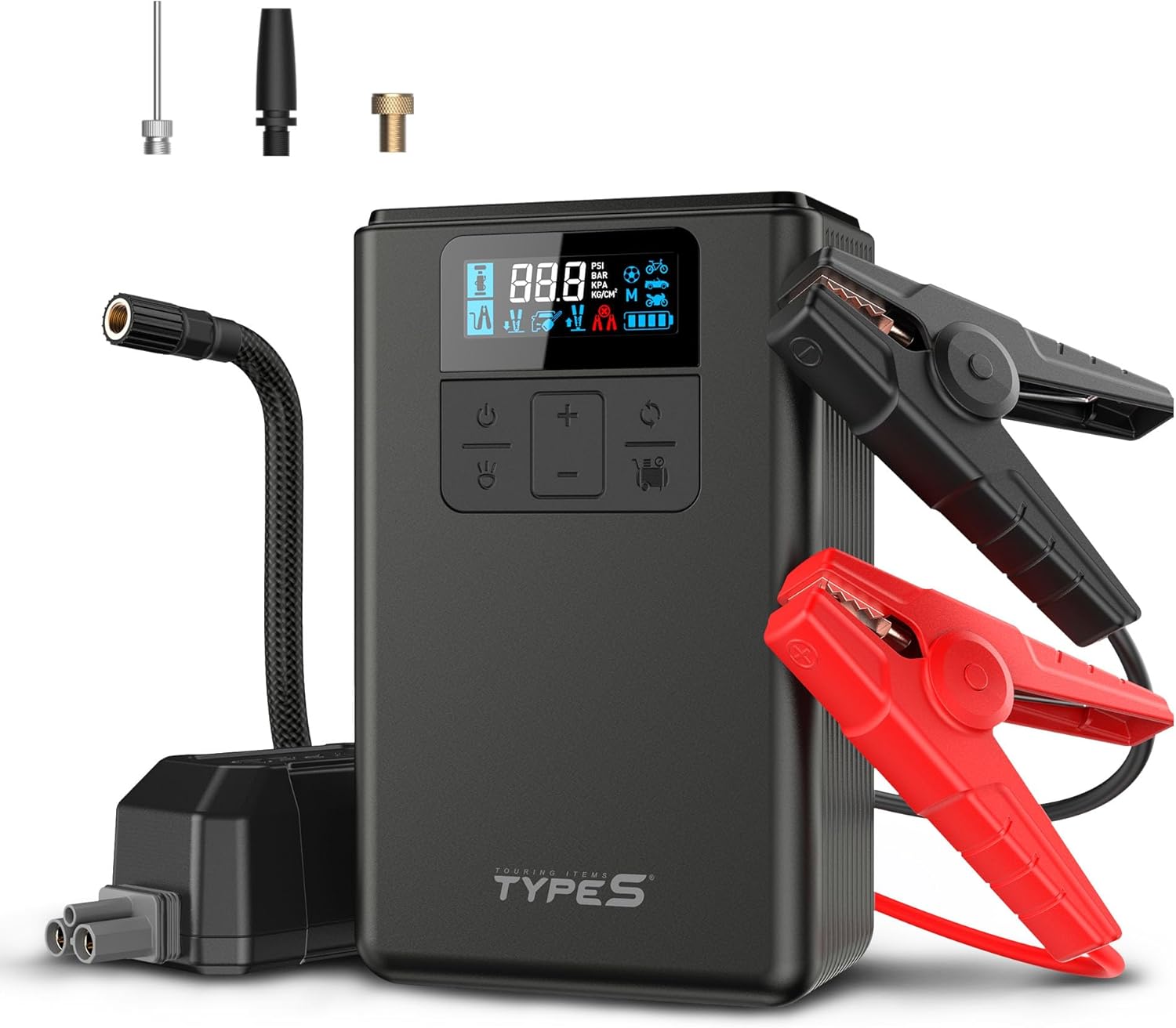 Type S Dynamic Flex DF10 12V Jump Starter with Air Compressor - Portable Car Jump Starter Tire Inflator, Up to 6.0L Gas 3.0L Diesel, Intelli-Step LCD, and LED Floodlight