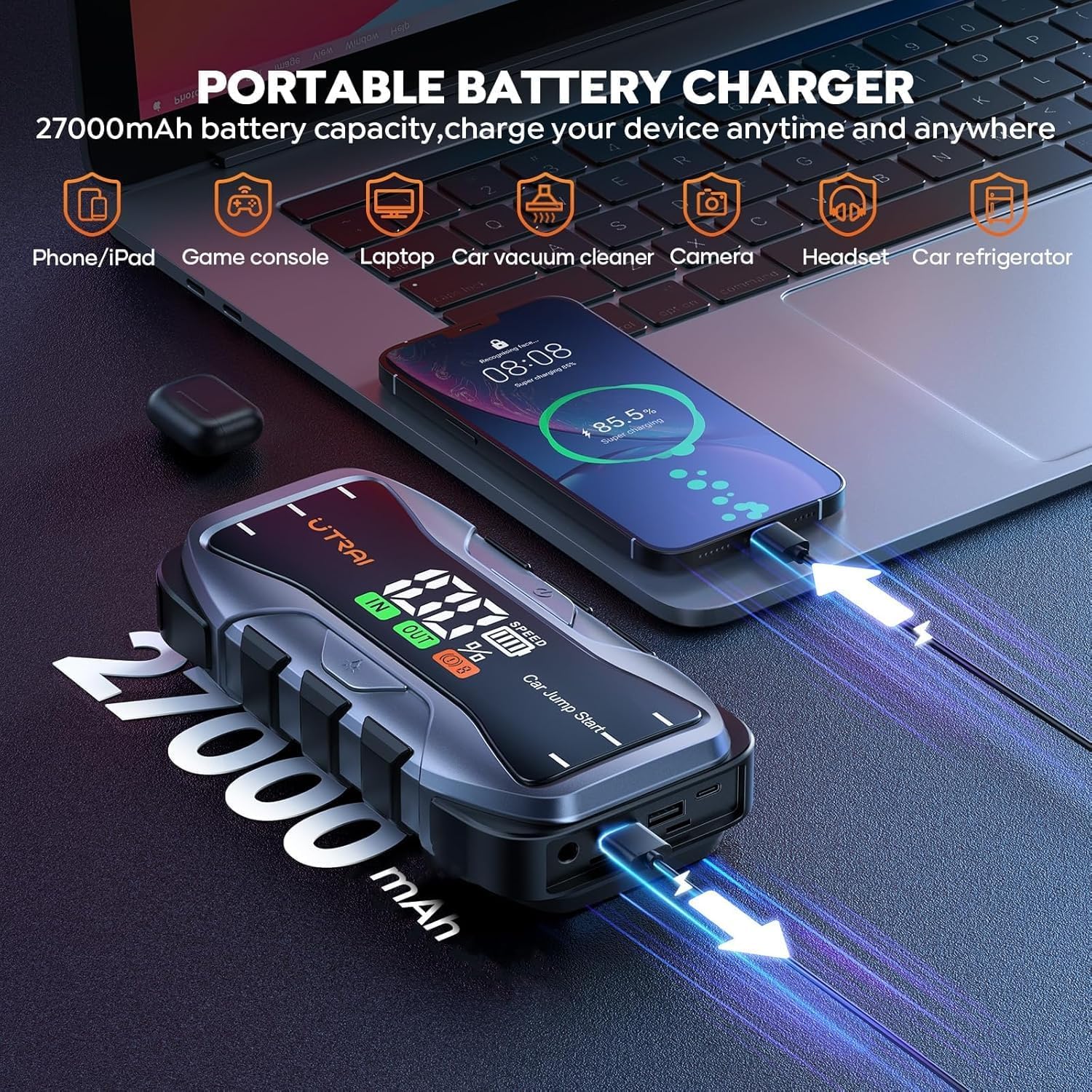 UTRAI 8000A Portable Jump Starter for Car, 12V Battery Jumper 27000mAh Jump Box for All Gas and 12L Diesel Engines, 65W Fast Charging Type-C Jump Pack, 2 USB Output, DC Output, 600LM LED Flashlight