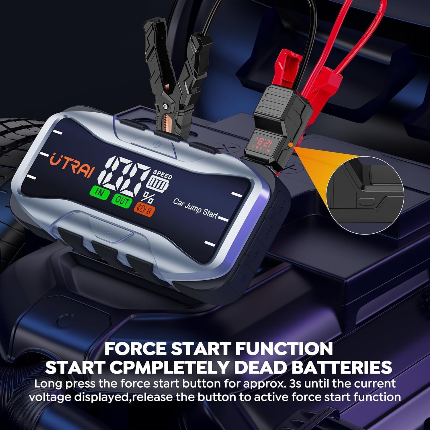UTRAI 8000A Portable Jump Starter for Car, 12V Battery Jumper 27000mAh Jump Box for All Gas and 12L Diesel Engines, 65W Fast Charging Type-C Jump Pack, 2 USB Output, DC Output, 600LM LED Flashlight
