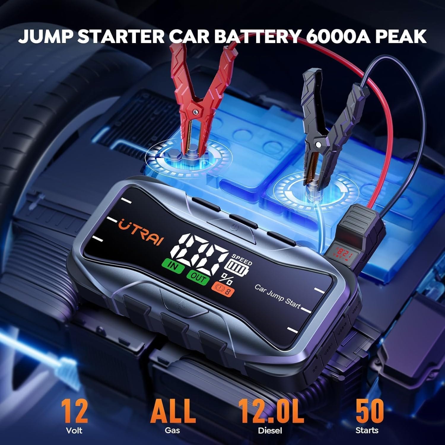 UTRAI 8000A Portable Jump Starter for Car, 12V Battery Jumper 27000mAh Jump Box for All Gas and 12L Diesel Engines, 65W Fast Charging Type-C Jump Pack, 2 USB Output, DC Output, 600LM LED Flashlight