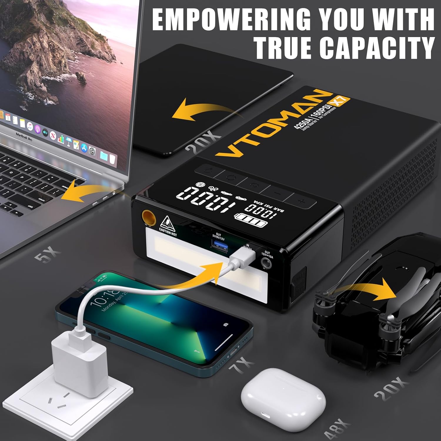 VTOMAN X7 Jump Starter with Air Compressor, 4250A Portable Car Jumper with 160PSI Digital Tire Inflator,12V Lithium Battery Charger Booster Box with Type-C Quick Charge (Up 10L Gas/10L Diesel Engine) VTOMAN X7 Jump Starter with Air Compressor, 4250A Portable Car Jumper with 160PSI Digital Tire Inflator,12V Lithium Battery Charger Booster Box with Type-C Quick Charge (Up 10L Gas/10L Diesel Engine)