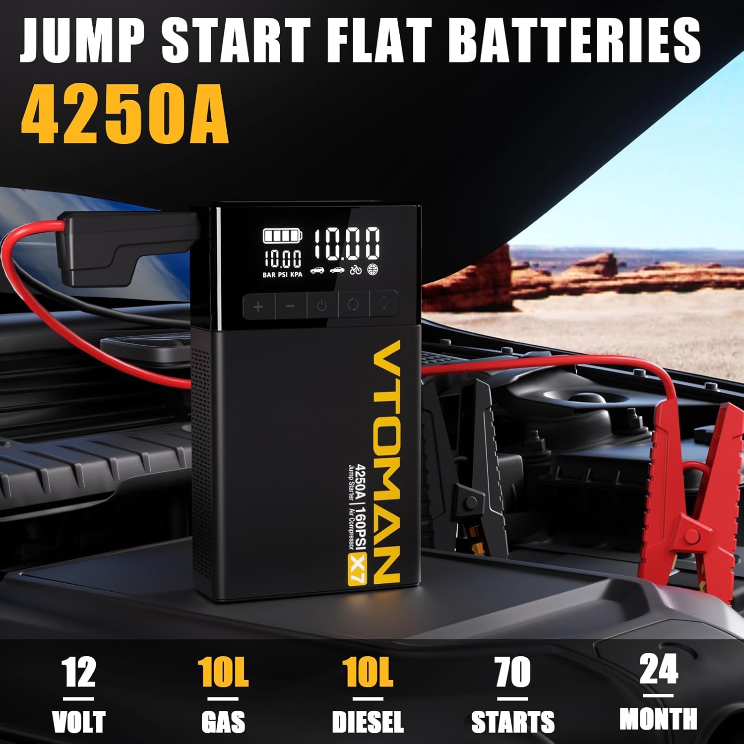 VTOMAN X7 Jump Starter with Air Compressor, 4250A Portable Car Jumper with 160PSI Digital Tire Inflator,12V Lithium Battery Charger Booster Box with Type-C Quick Charge (Up 10L Gas/10L Diesel Engine) VTOMAN X7 Jump Starter with Air Compressor, 4250A Portable Car Jumper with 160PSI Digital Tire Inflator,12V Lithium Battery Charger Booster Box with Type-C Quick Charge (Up 10L Gas/10L Diesel Engine)
